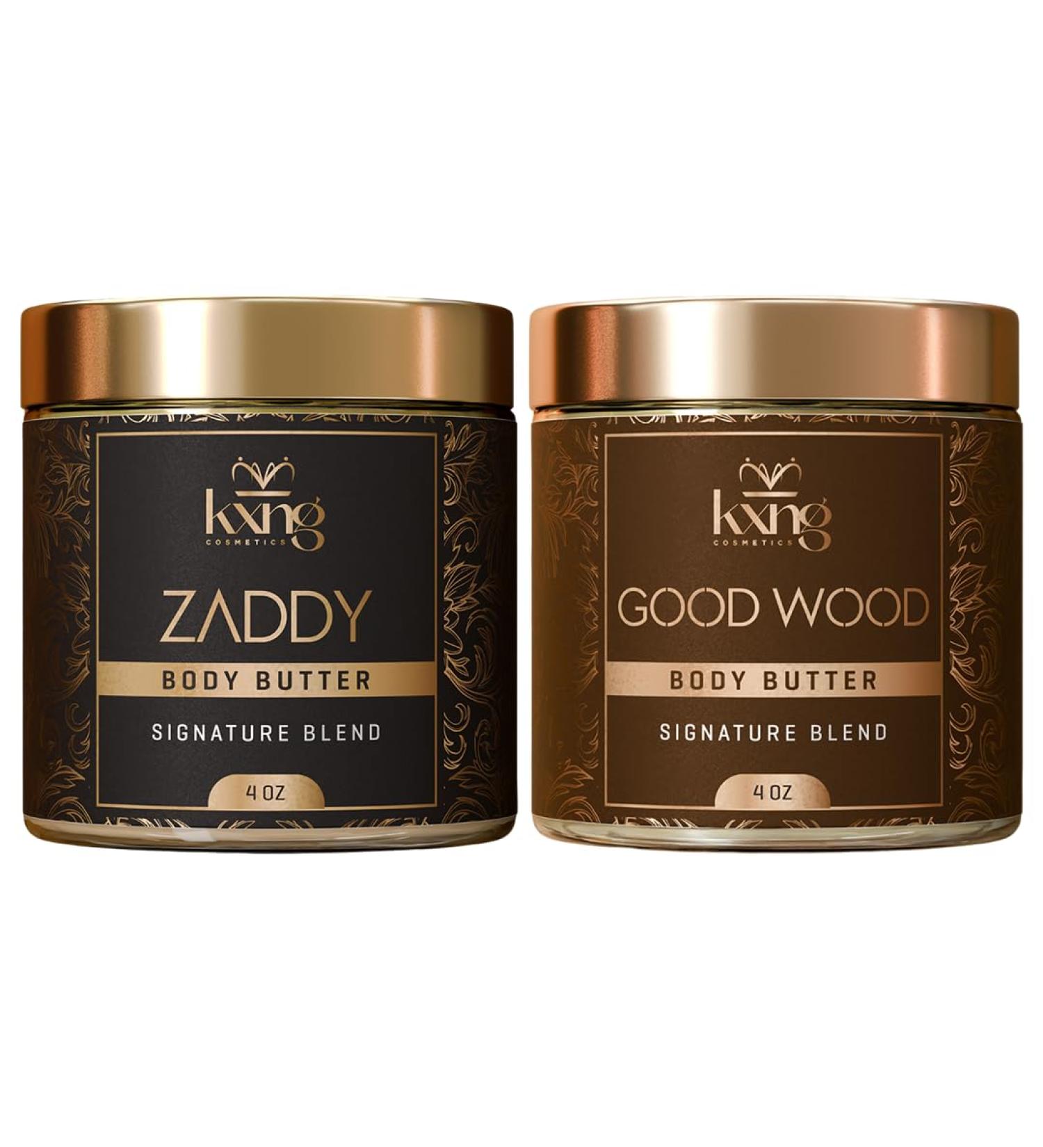 KXNG Cosmetics Organic Shea Body Butter Cream Bundle 2 4oz (Zaddy & Good Wood) | Mens Body Butter for Black Men & Women with Shea Cocoa Mango & Coconut Oil | Deep Moisturizing Cream for Dry Skin - Buy Online on GoSupps.com