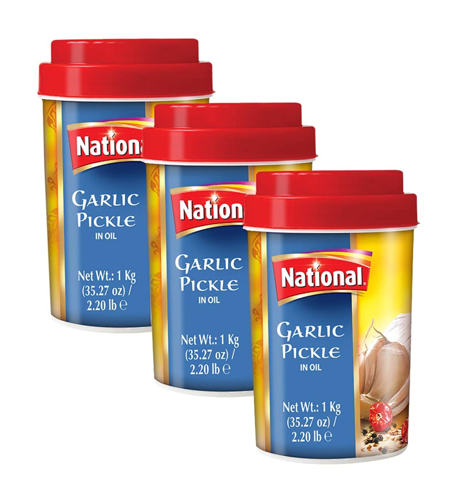 National Foods Garlic Pickle 35.27 oz (1000g) Spicy Traditional South Asian Relish | Zesty & Tangy Lahsun Achaar | Plastic Jar | Pack of 3 Garlic (1000g) 1 kg (Pack of 3) - Buy Online on GoSupps.com