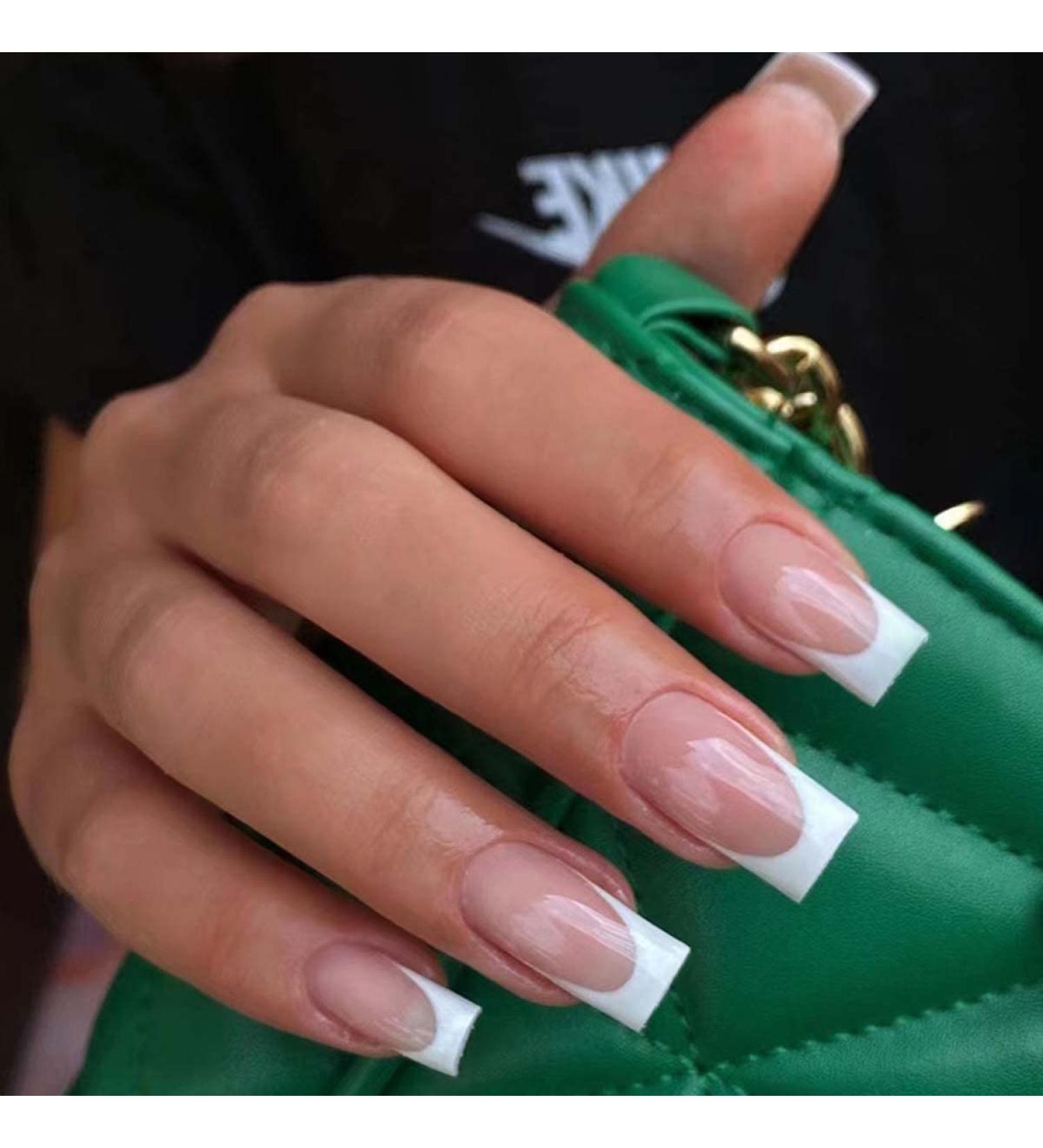 Nude Pink White French Tip Press on Nails - 24Pcs Reusable Coffin Design for Women - Perfect for Christmas - Buy Online on GoSupps.com