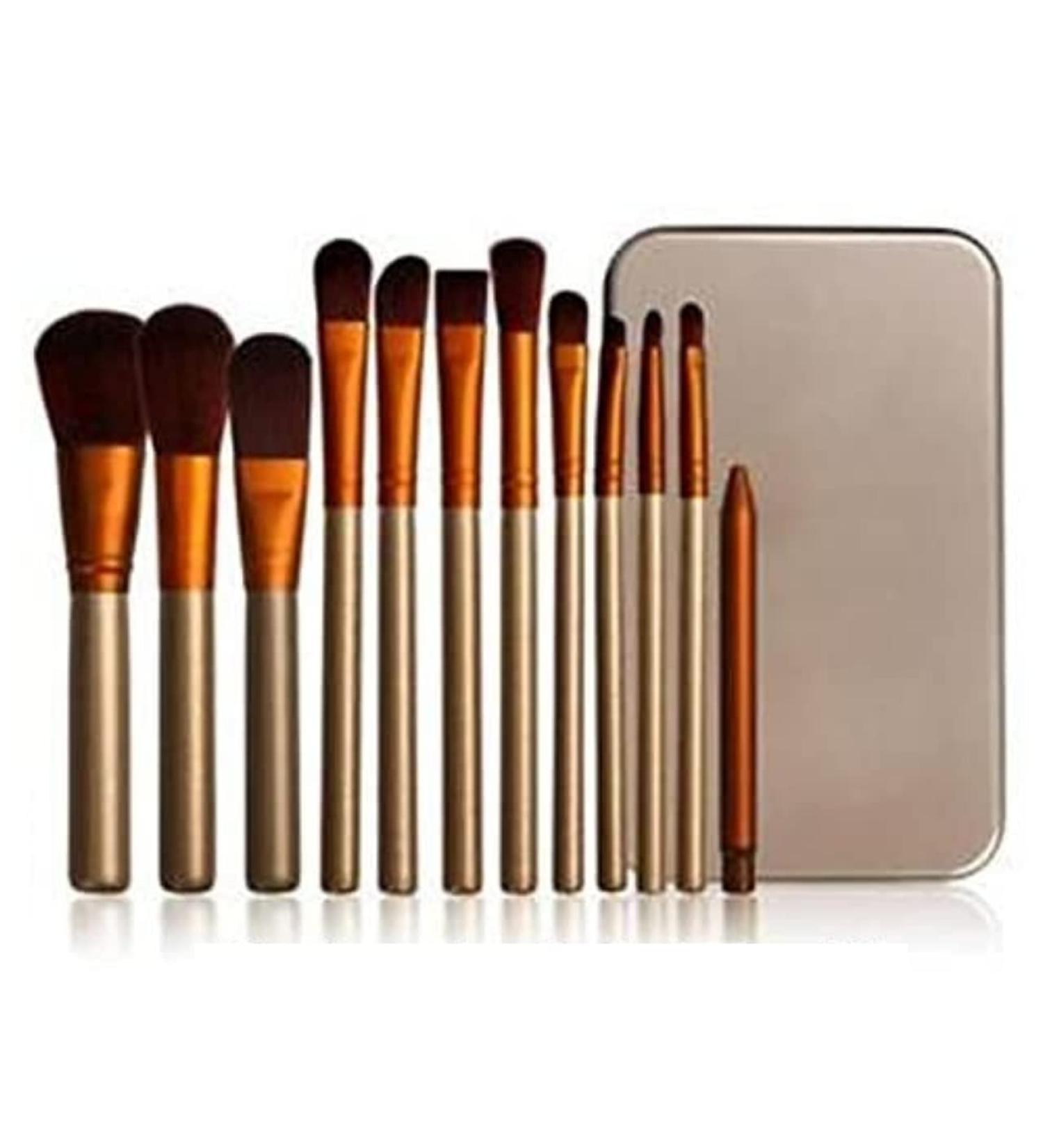Glamza 12pcs Makeup Brush Set - Gold & White | Face Foundation Eye & Lip Brushes with Metal Case - International Shipping Available - Buy Online on GoSupps.com