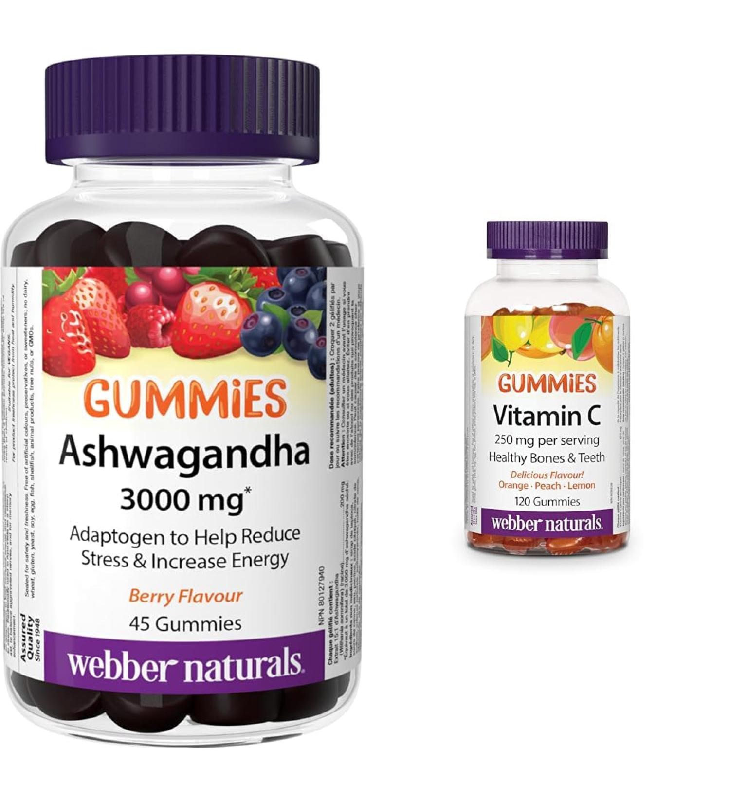Webber Naturals Ashwagandha Gummy 45 Berry Flavoured Gummies & Vitamin C Gummy 125 mg 120 Gummies For Bones Teeth Immune and Antioxidant Health Vegan - Buy Online on GoSupps.com