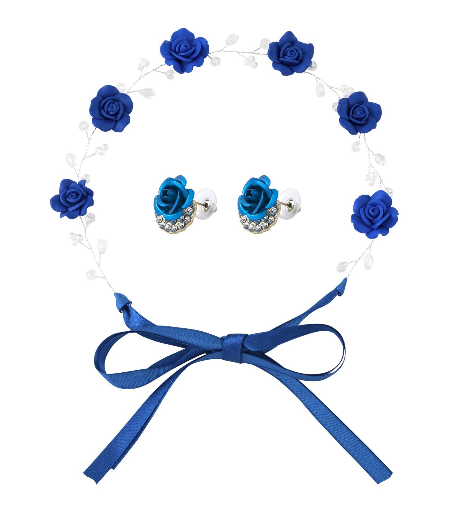 OIIKI Crystal Navy Blue Flower Crown Bridal Headband with Earring - Wedding Hairpiece for Women and Girls - Buy Online on GoSupps.com