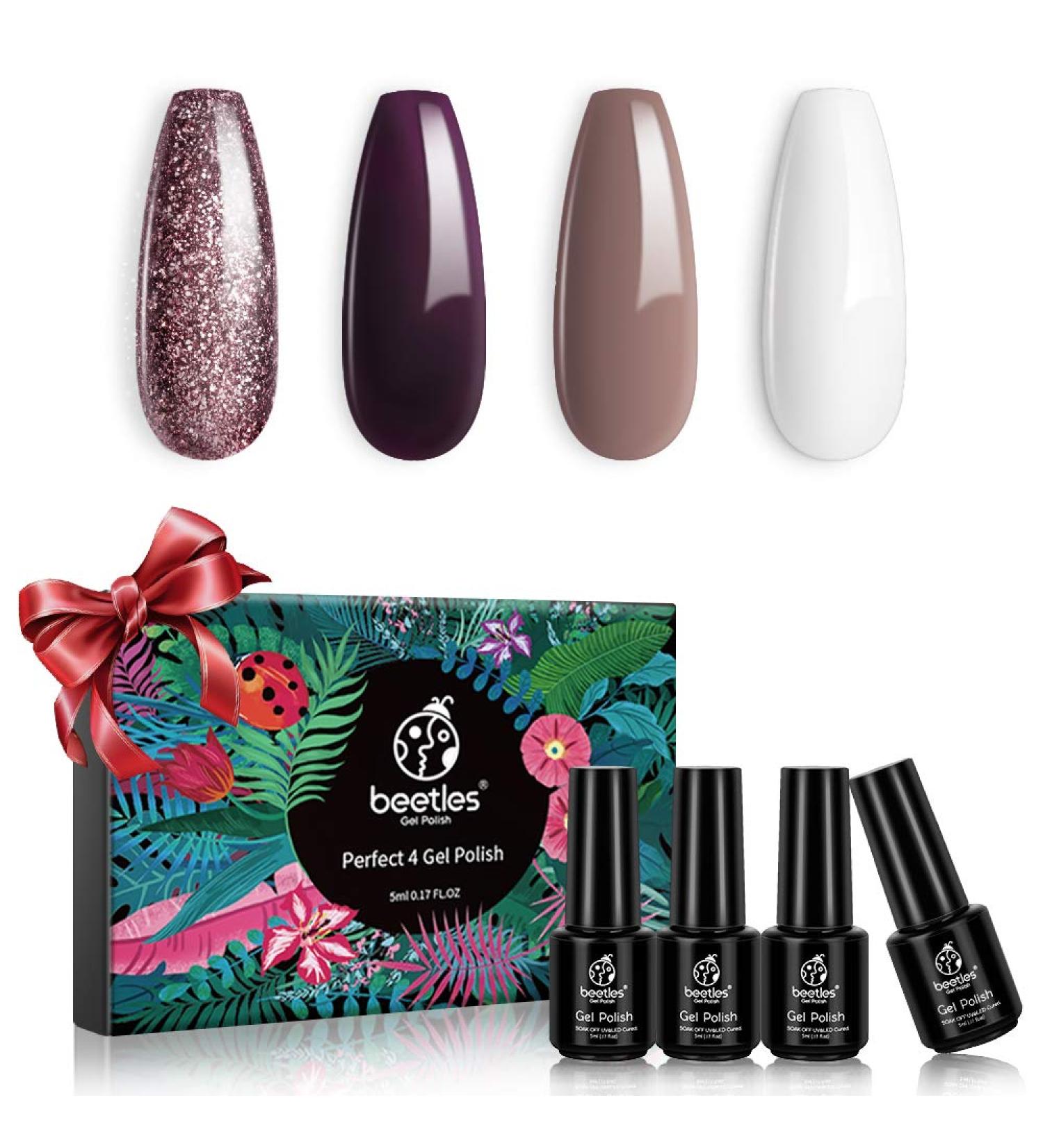 Beetles Dark Burgundy Plum Gel Nail Polish Set - 4 Colors Glitter Metallic Beige White Kit for Gel Manicure at Home - Buy Online on GoSupps.com