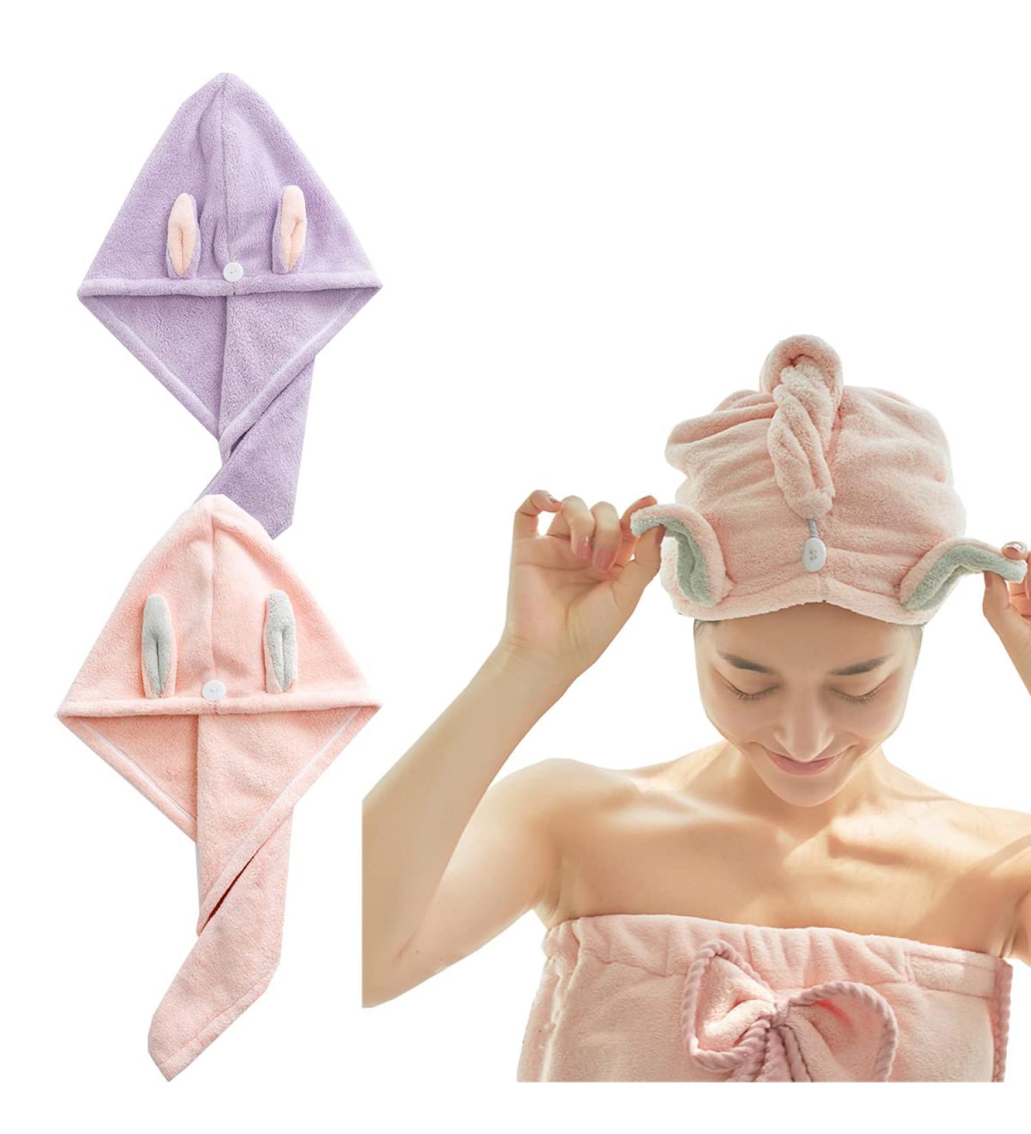 Microfiber Hair Towel with Cute Rabbit Ears | Quick-Drying Bathing Cap & Hair Turban Set for Women - Absorbent & Stylish (Pink & Violet 2 Pieces) - Buy Online on GoSupps.com