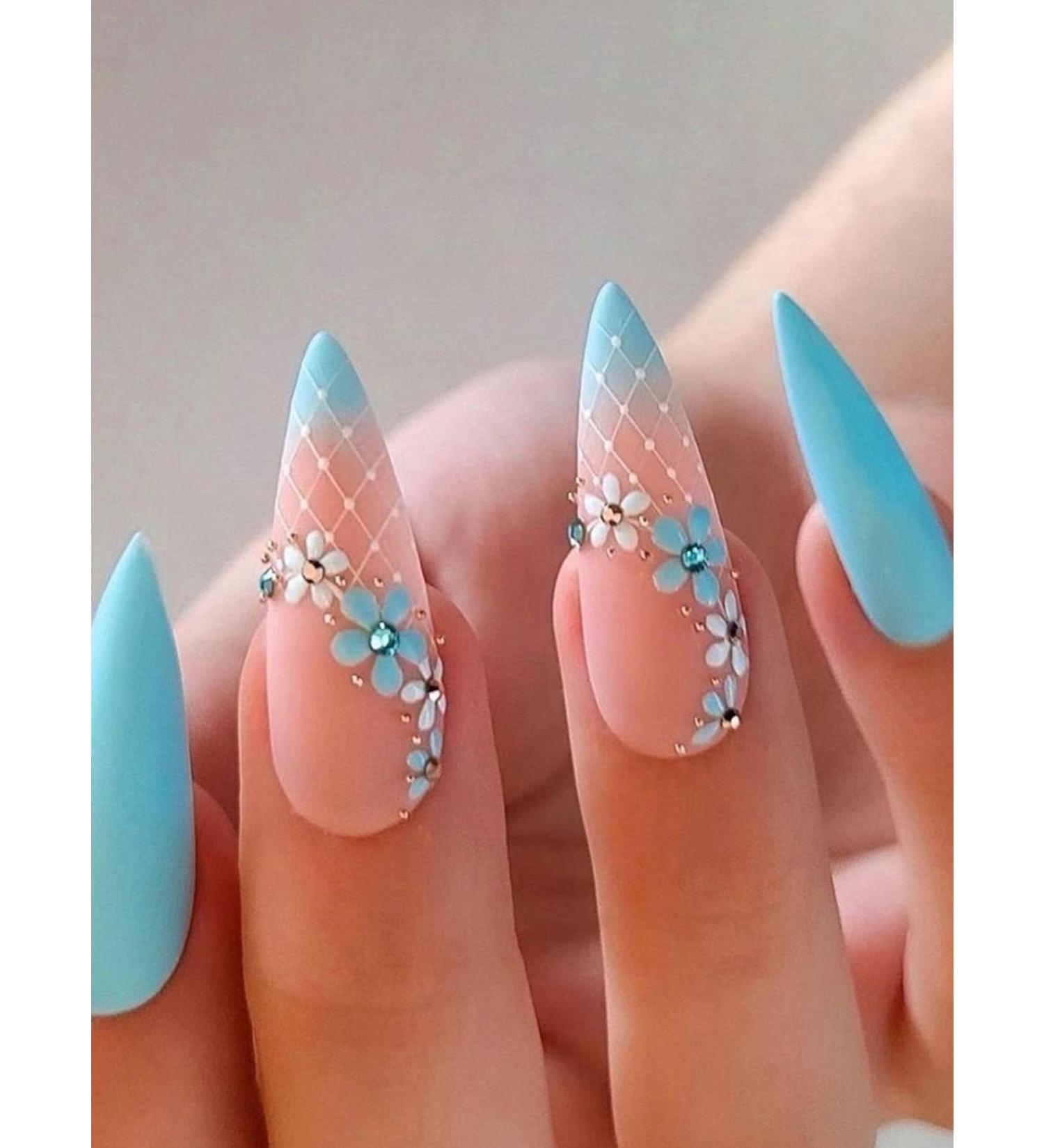 24pcs Blue Flower Striped Coffin Fake Nail Blue Ombre Striped Press on Nails Blue Flower Striped Coffin Nails Luxurious Nails Acrylic Nails Fake Nails For Women Girls - Buy Online on GoSupps.com