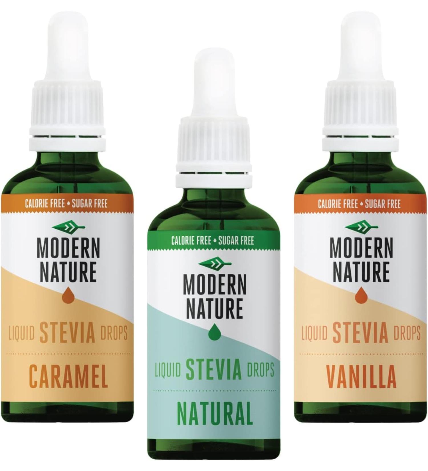 Modern Nature Liquid Stevia Drops - Pack of 3 - Natural - Caramel - Vanilla - Buy Online on GoSupps.com