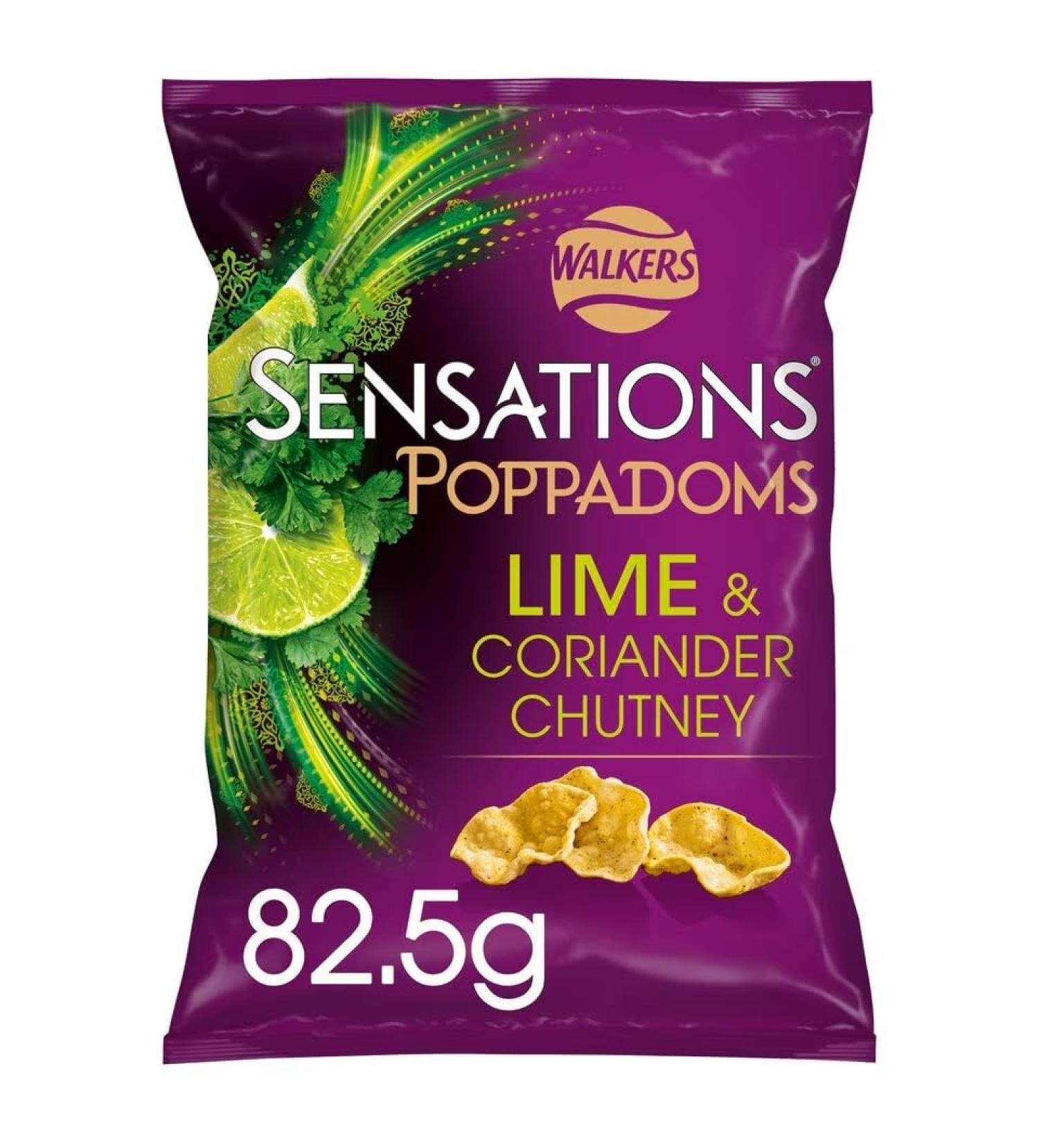 Walkers Sensations Poppadoms Lime & Coriander Sharing Bag 82.5g | Suitable for vegetarians | Bag for sharing | Light & crispy texture | No MSG - Buy Online on GoSupps.com