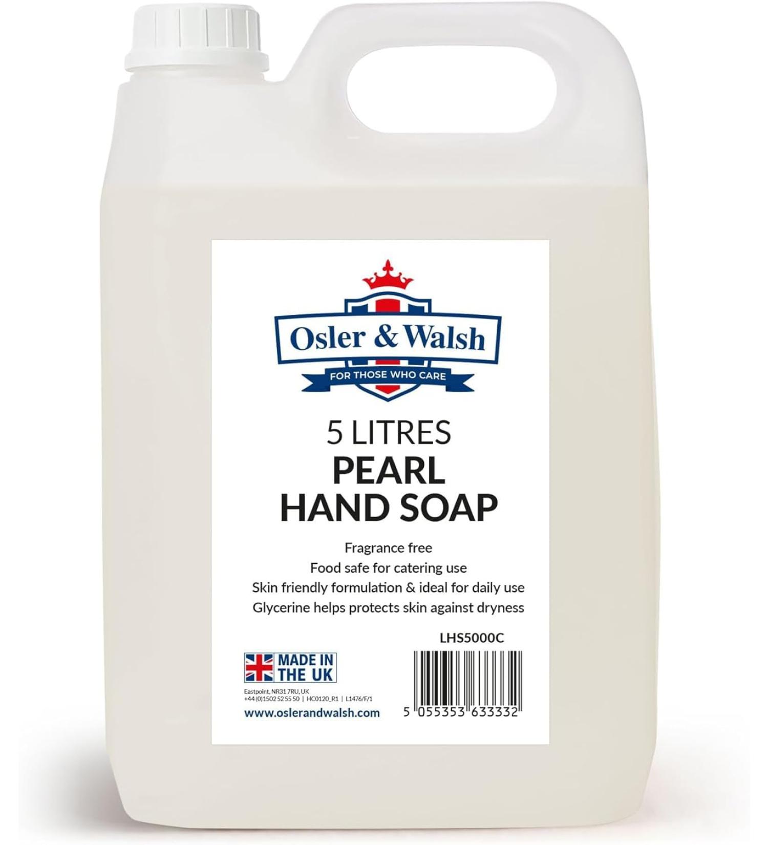 Osler & Walsh 5 Litre Pearl Hand Soap Lightly Fragranced Hand Wash for Home School and the Workplace. Hydrates & Softens Skin Non-Sticky Liquid Hand Soap Protects Skin From Dryness Unfragranced being reintroduced soon! Watch this space 1 count (Pack of 1)