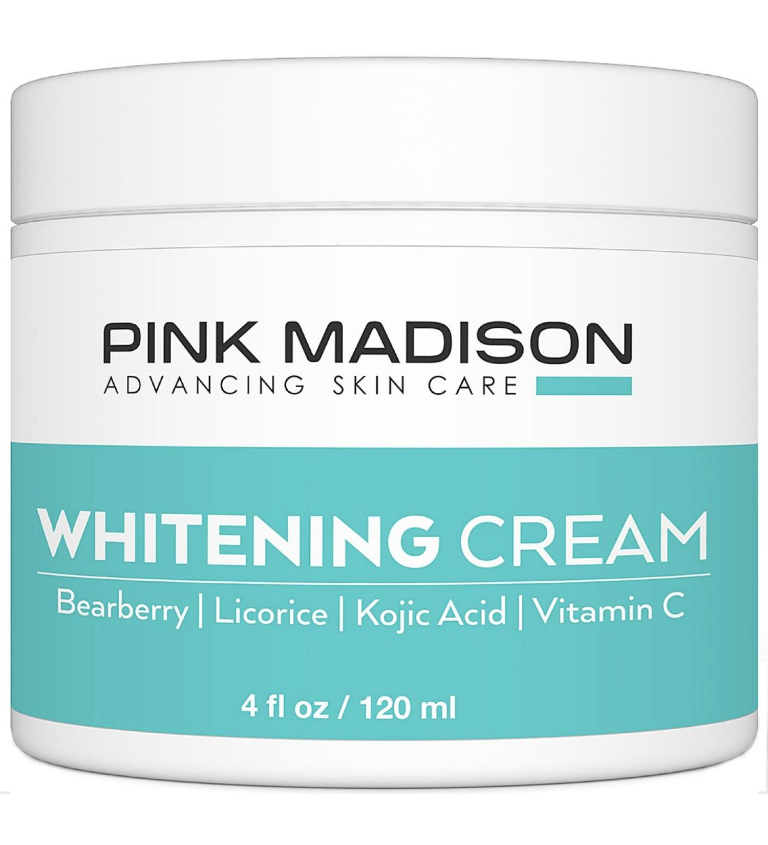 Pink Madison Skin Lightening Cream with Kojic Acid Vitamin C Hyaluronic Acid. Natural Brightening Lotion for Melasma Hyperpigmentation and Dark Skin Age Spots