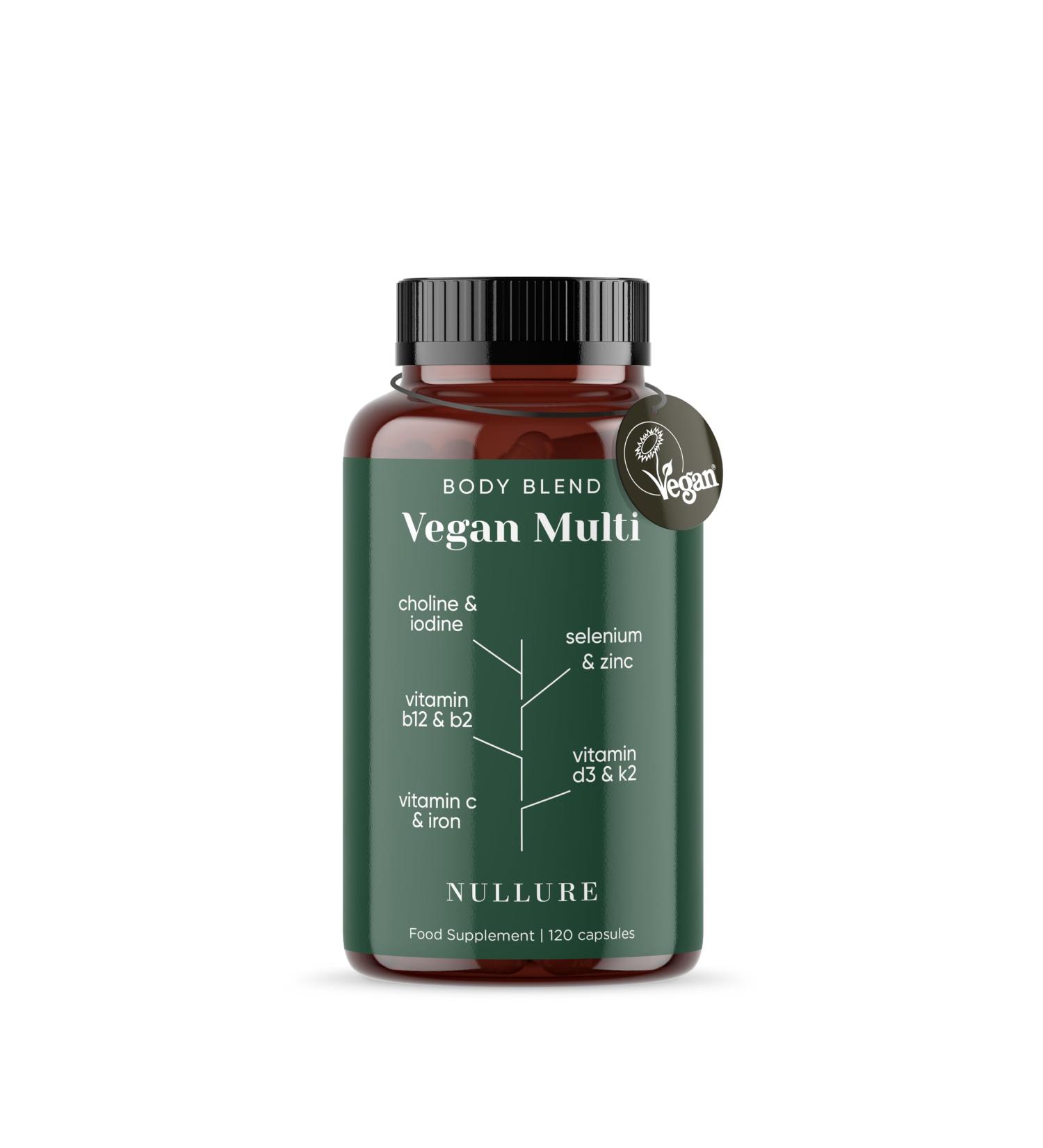 Nullure Vegan Multivitamin Food Supplement | Mineral Vitamins and Supplements for Vegan and Vegetarian Diets | Vit B12 + Vit D3 K2 Vegan + Iron + Iodine + Zinc | 4 Months - Buy Online on GoSupps.com