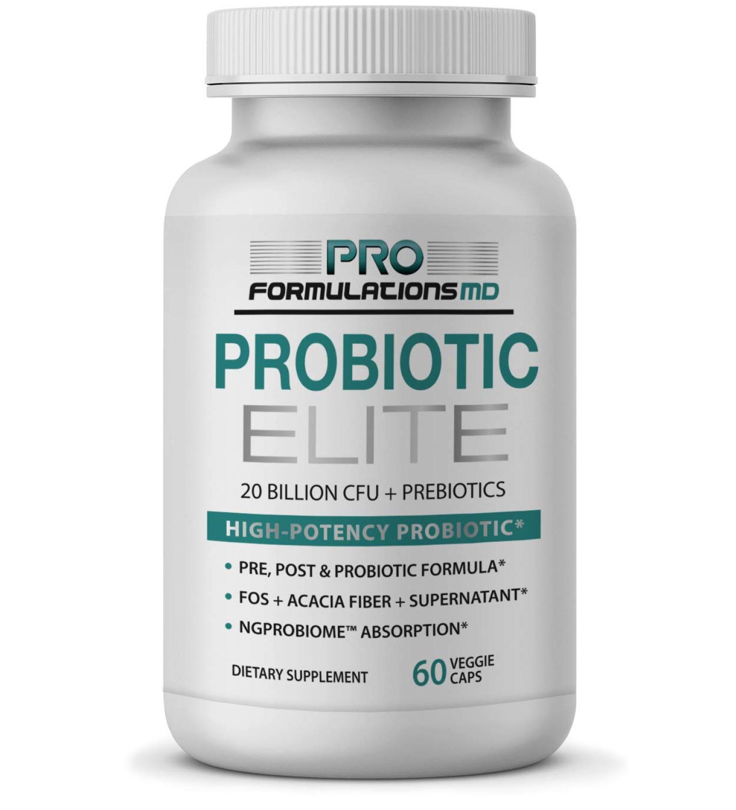 Pro Formulations MD Probiotic Elite Synbiotic with FOS + Supernatant 60 vcaps Pre Post & Probiotic Digestive Support with 20 Billion CFU FOS Acacia Fiber & Freeze Dried Culture Powder