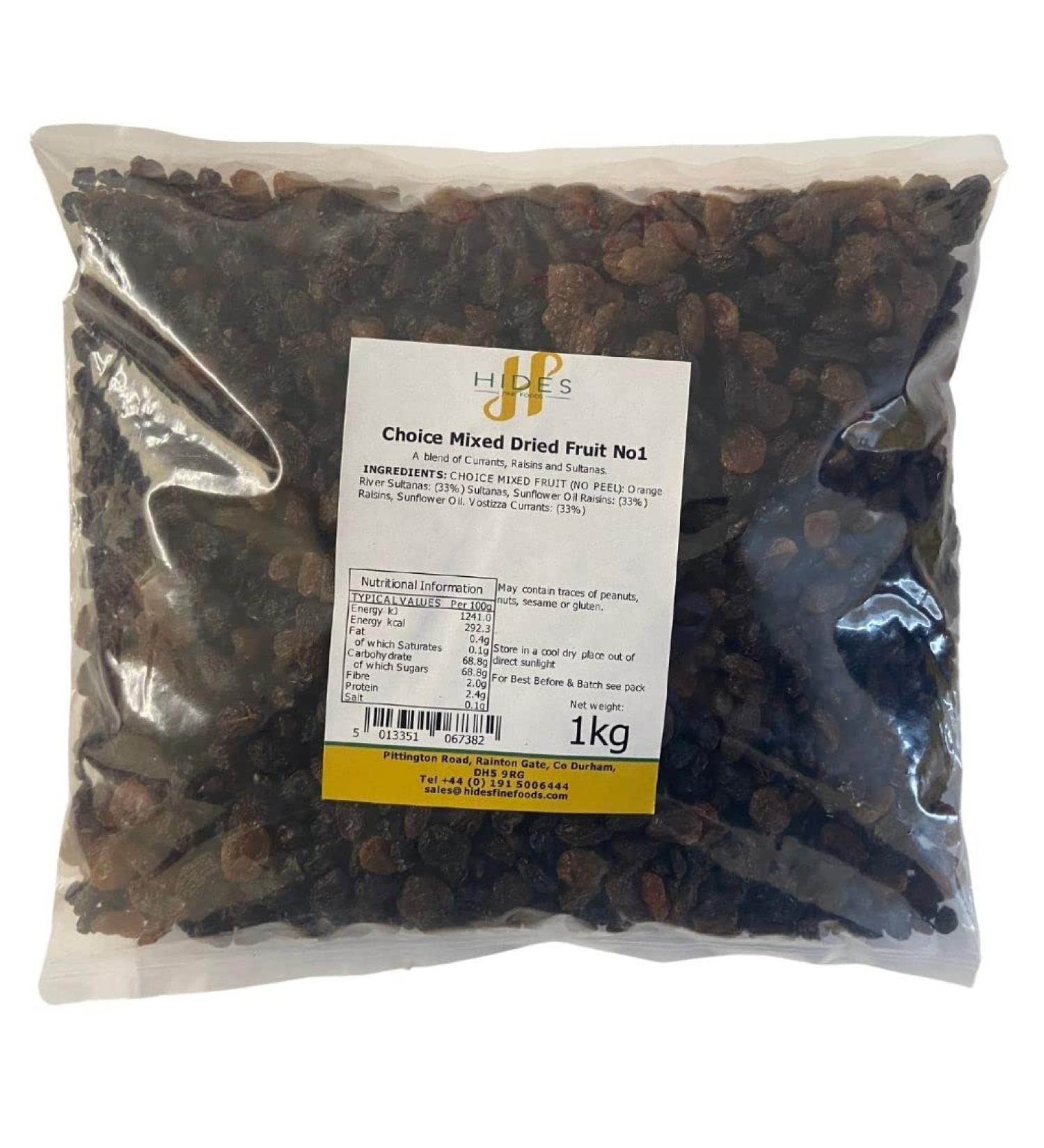 Hides Fine Foods - Mixed Dried Fruit 1kg - GMO Free - Suitable for Vegetarians - Baking - Desserts - Decorating - Cakes - Cookies -Tart - Mincemeat - Mince Pies - Panettone - Christmas Cake - Buy Online on GoSupps.com