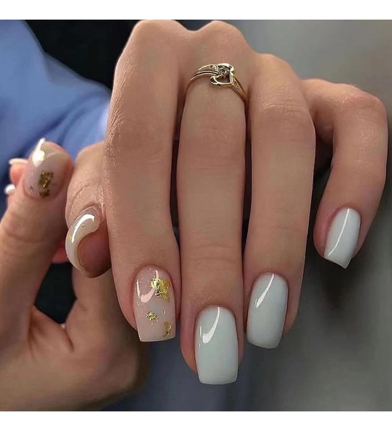 Ceboic 24Pcs Square Short French Press on Nails - Gold Glitter Removable Nude Acrylic Stick on Nails for Women and Girls - Buy Online on GoSupps.com