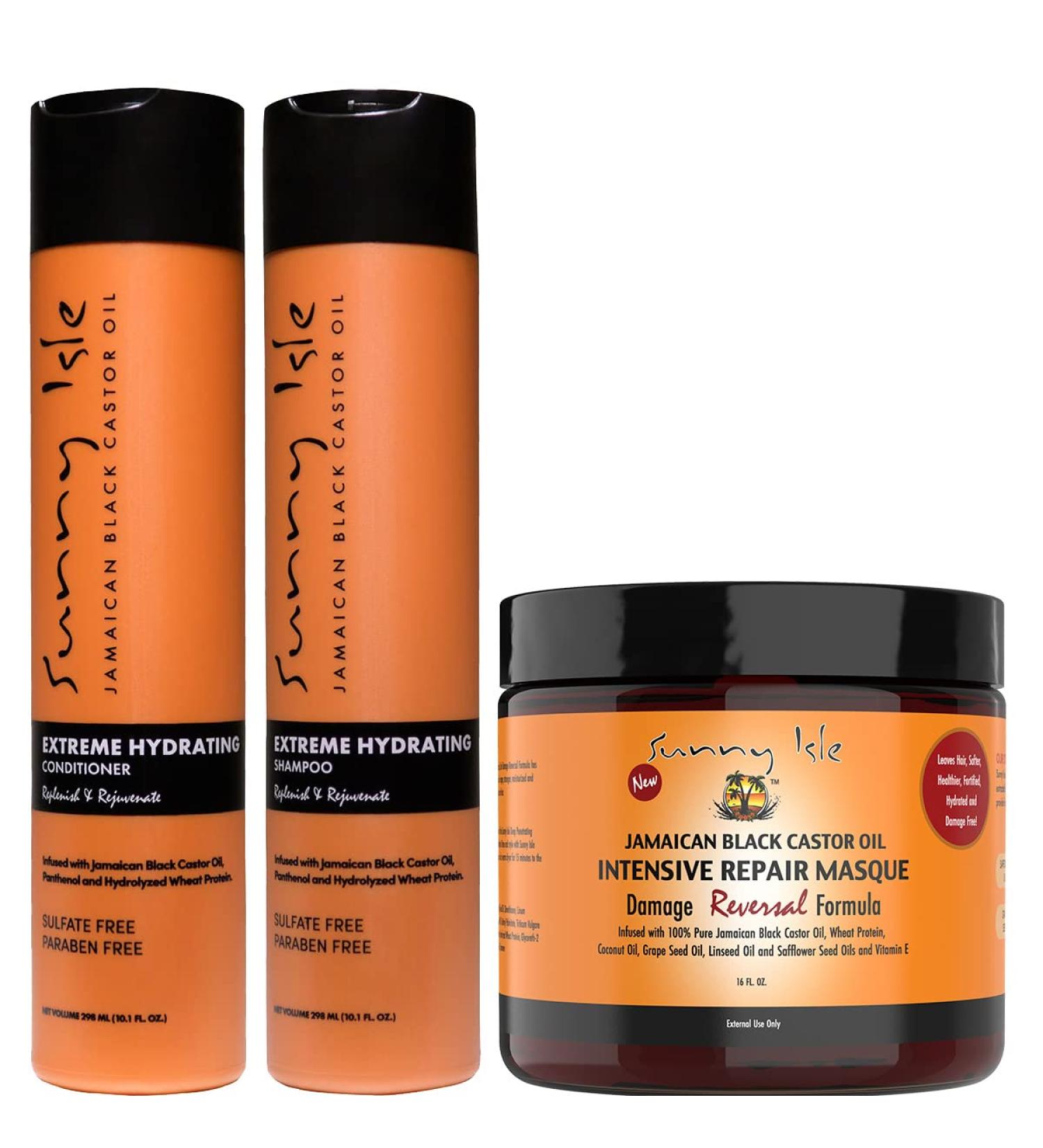 Sunny Isle Jamaican Black Castor Oil Shampoo & Conditioner Combo | Extreme Hydration + Intensive Repair Masque - 10.1oz & 16oz - Buy Online on GoSupps.com