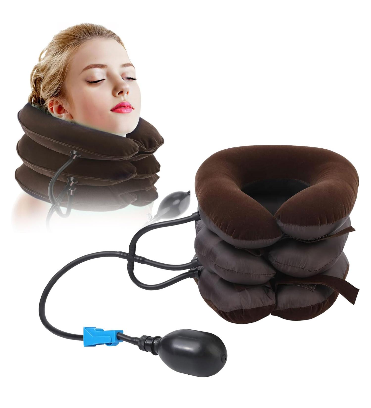 Cervical Neck Traction Device - Adjustable Neck Support & Massager for Pain Relief - Inflatable Brown Bandage - Buy Online on GoSupps.com