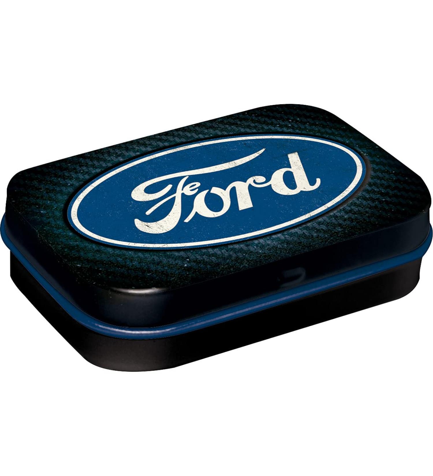 Nostalgic-Art Retro Pillendose 4 x 6 x 1.6 cm Ford-Logo Blue Shine-Gift idea for Ford accessories fans with peppermint drages vintage design