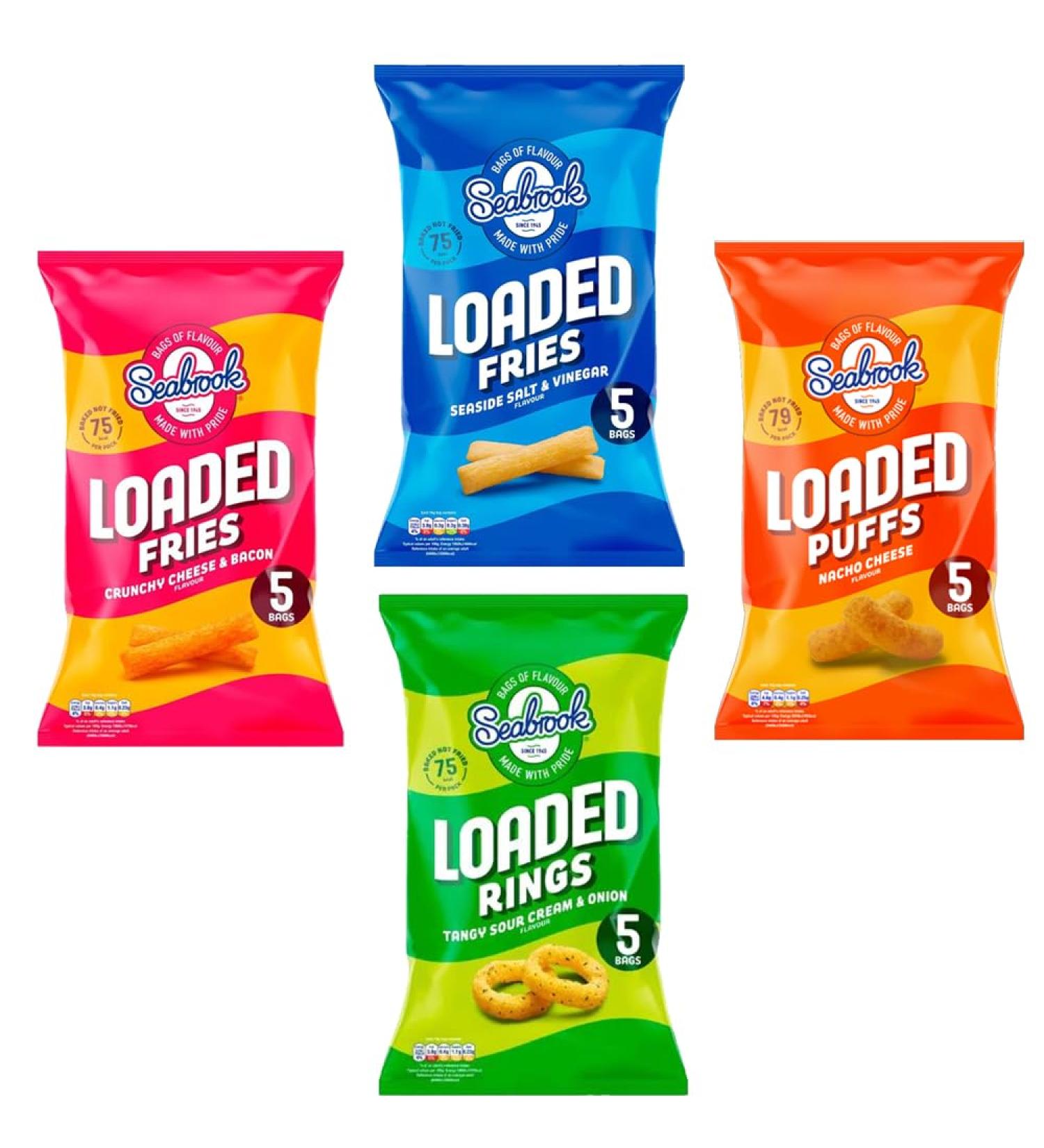 Seabrook loaded fries Puffs Rings Chips Crisps Bags - 4 x Mixed Bags (20 x Mini Chips Bags 16g) - Buy Online on GoSupps.com
