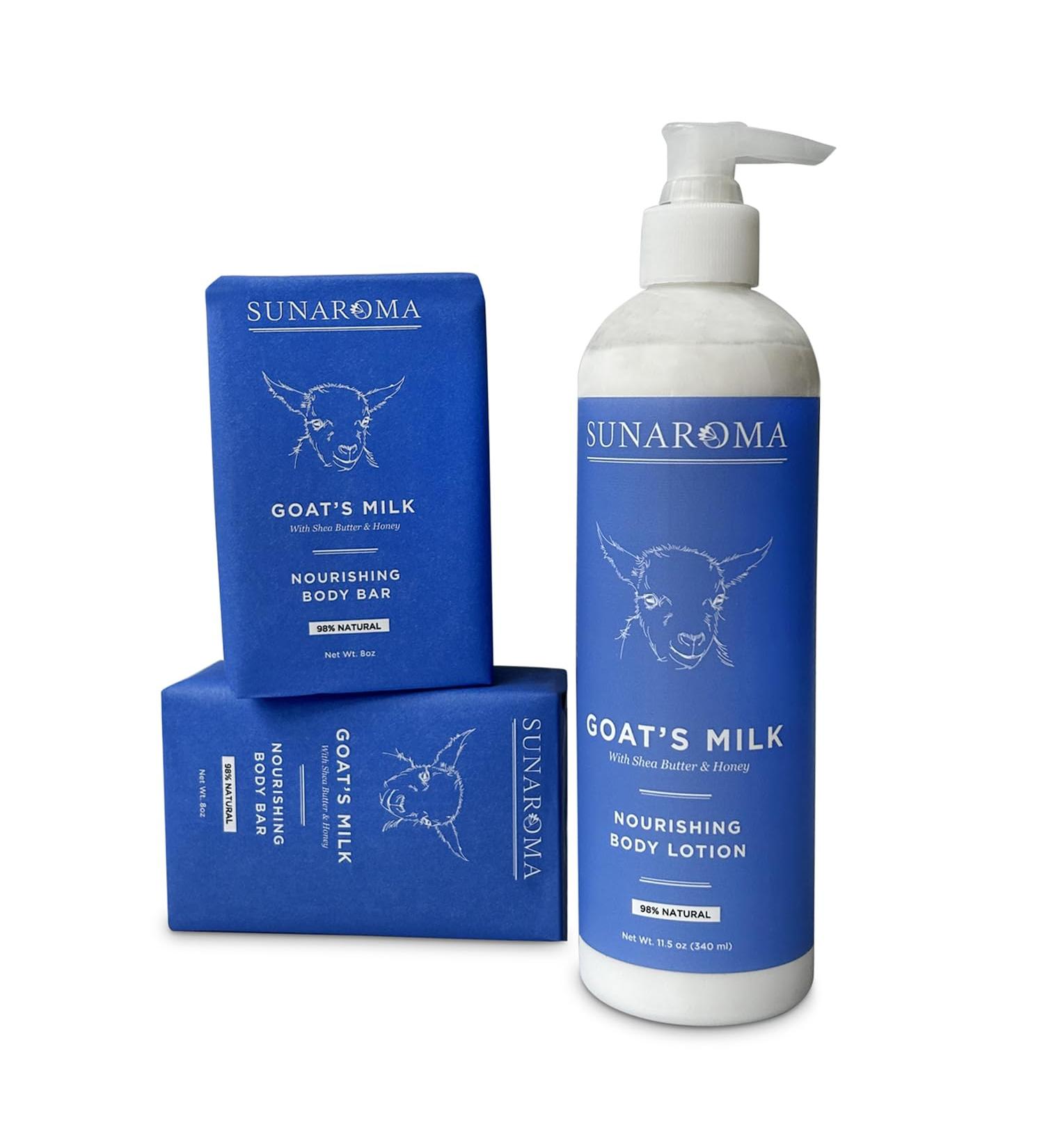 Sunaroma Goat Milk Bath & Body Set - Natural Soap & Lotion - Organic Goat Milk Skin Care - 2 Bars (8 oz) & Lotion (11.5 oz) - International Shipping Available - Buy Online on GoSupps.com