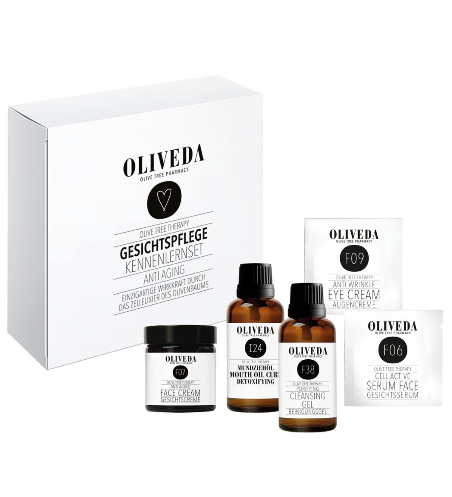 Oliveda facial care introductory set - natural cosmetics with facial serum facial cream eye cream cleansing gel and mouth oil