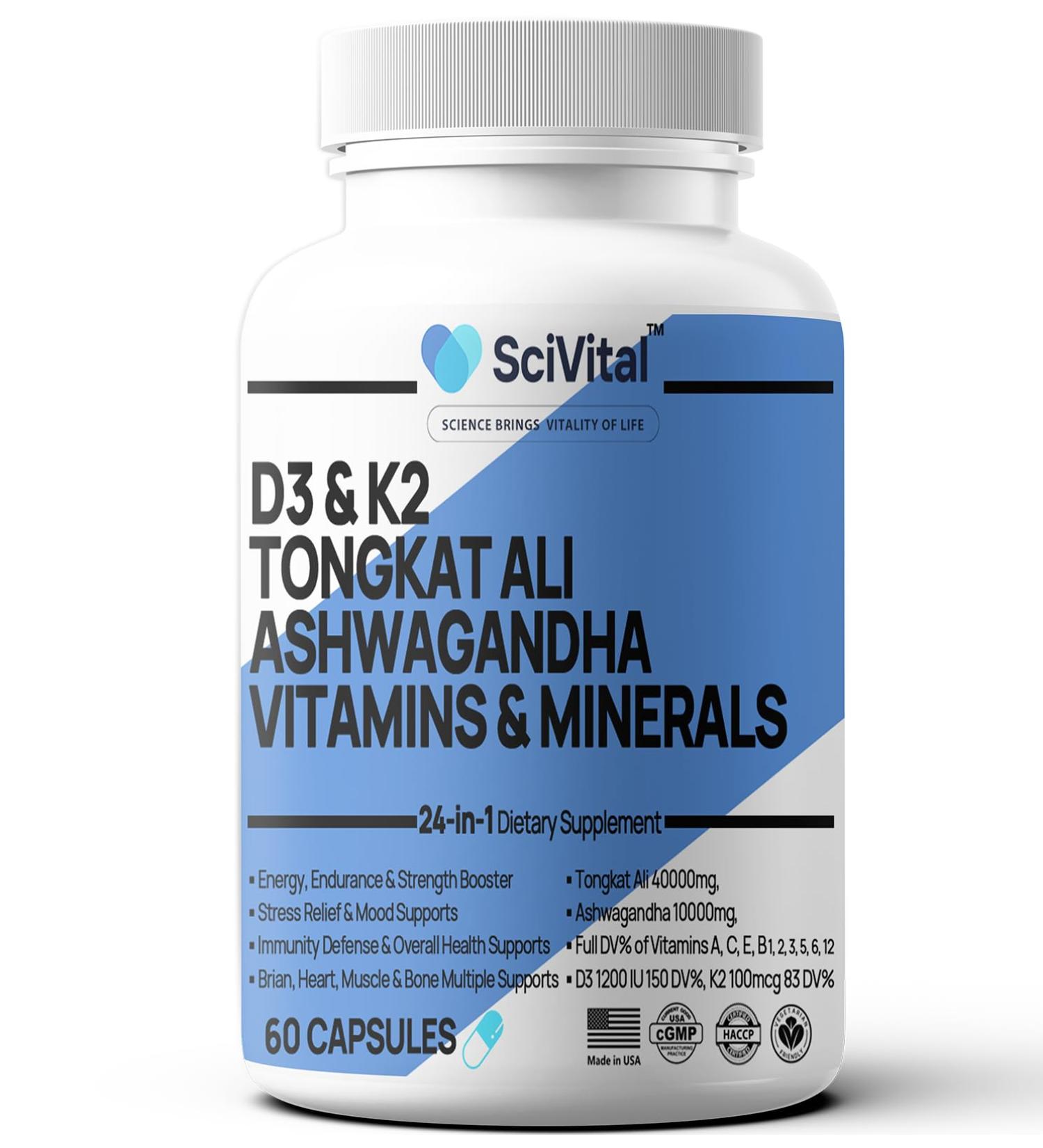 SciVital Ashwagandha 10000mg Tongkat Ali 40000mg Supplement with Multivitamin D3 K2 - Men's Health & Stress, Mood, Energy, Endurance Support - Ashwagandha Capsules Tongkat Ali for Men USA - 60 Count - Buy Online on GoSupps.com