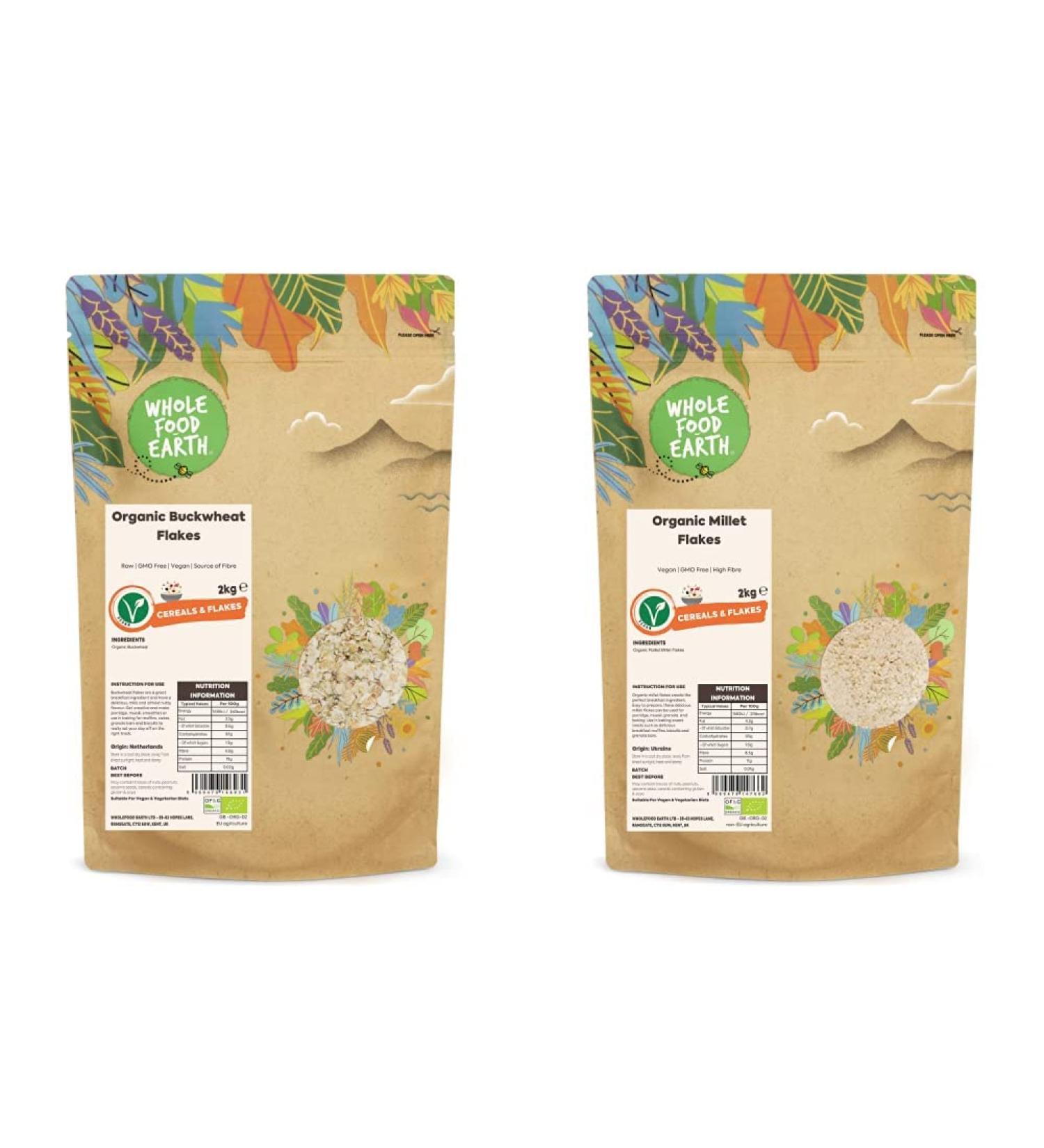 Wholefood Earth Organic Buckwheat Flakes 2 kg | Raw | GMO Free | Vegan | Source of Fibre | Certified Organic & Organic Millet Flakes 2 kg | Vegan | GMO Free | High Fibre | Certified Organic + Organic Millet Flakes - Buy Online on GoSupps.com