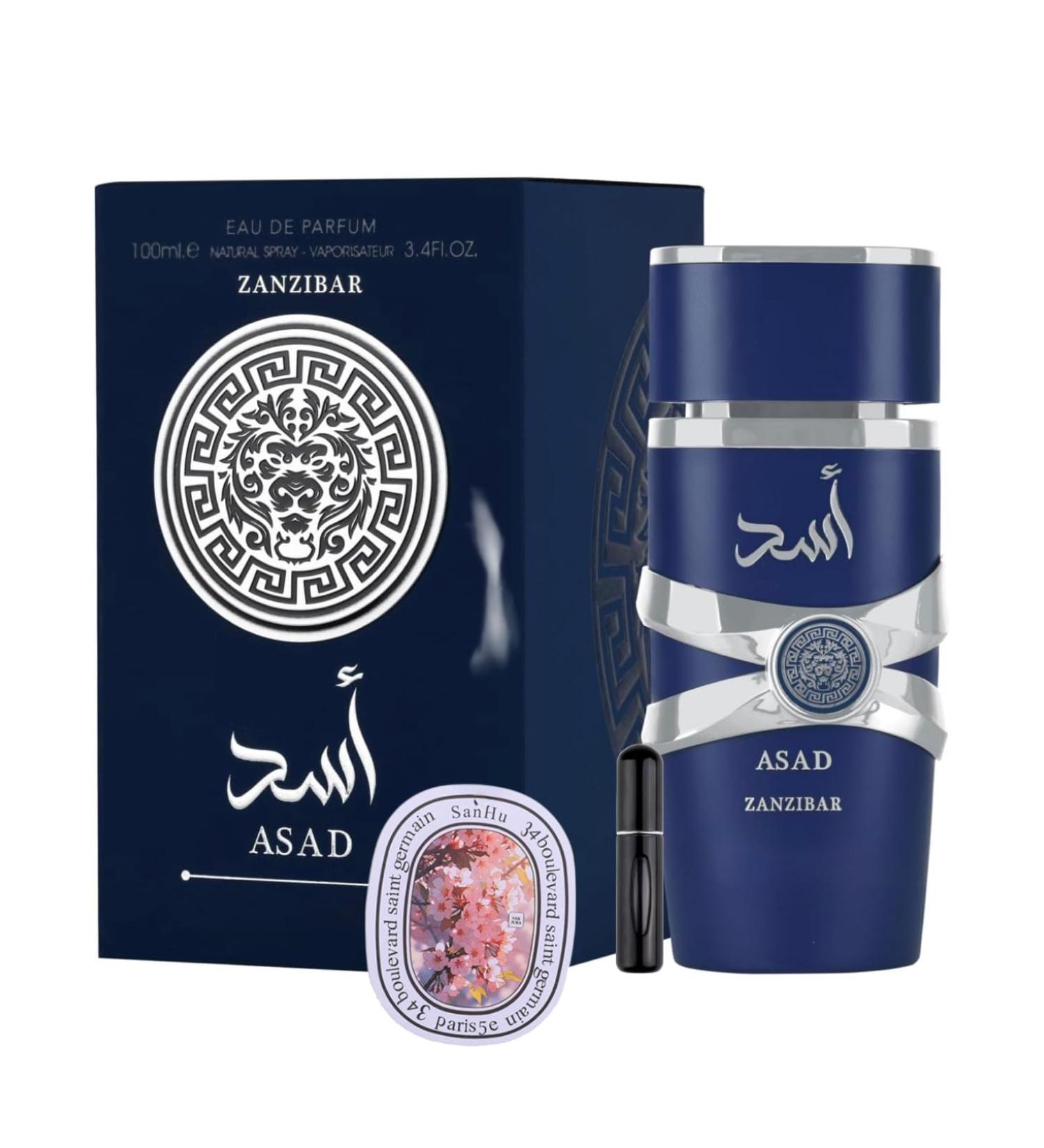 Bundle of Lattafa Perfumes Asad Zanzibar 3.4oz Eau De Perfume with 1 Travel Refillable Bottle(5ML) & 1 Scented Car Freshener Card - Buy Online on GoSupps.com