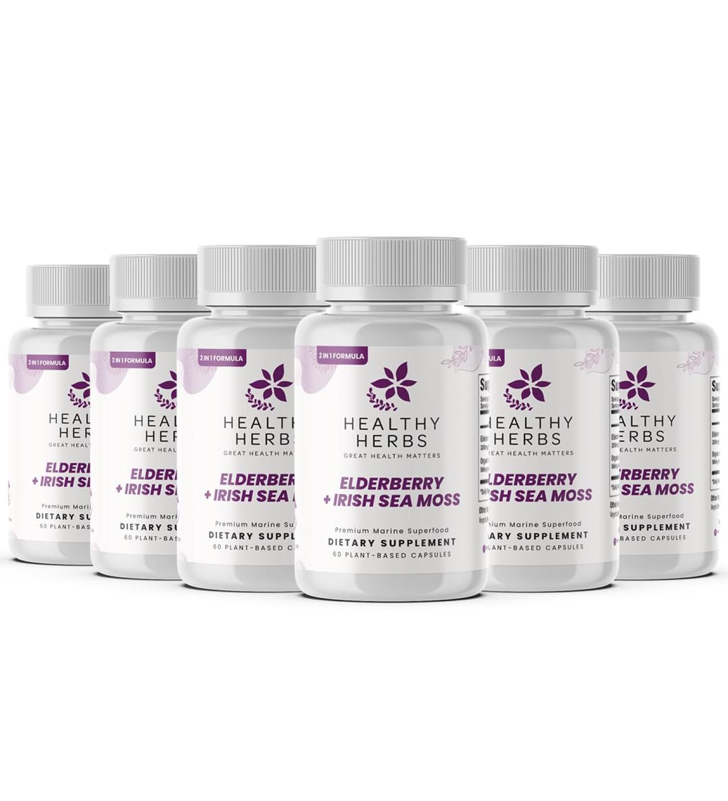 Healthy Herbs Wildcrafted Elderberry Sea Moss Capsules | 2600mg Irish Sea Moss + Elderberry Essentials Blend | US-Made Vegan Non-GMO Easy-Swallow (6-Pack) Elderberry Essentials 60 Count (Pack of 1)