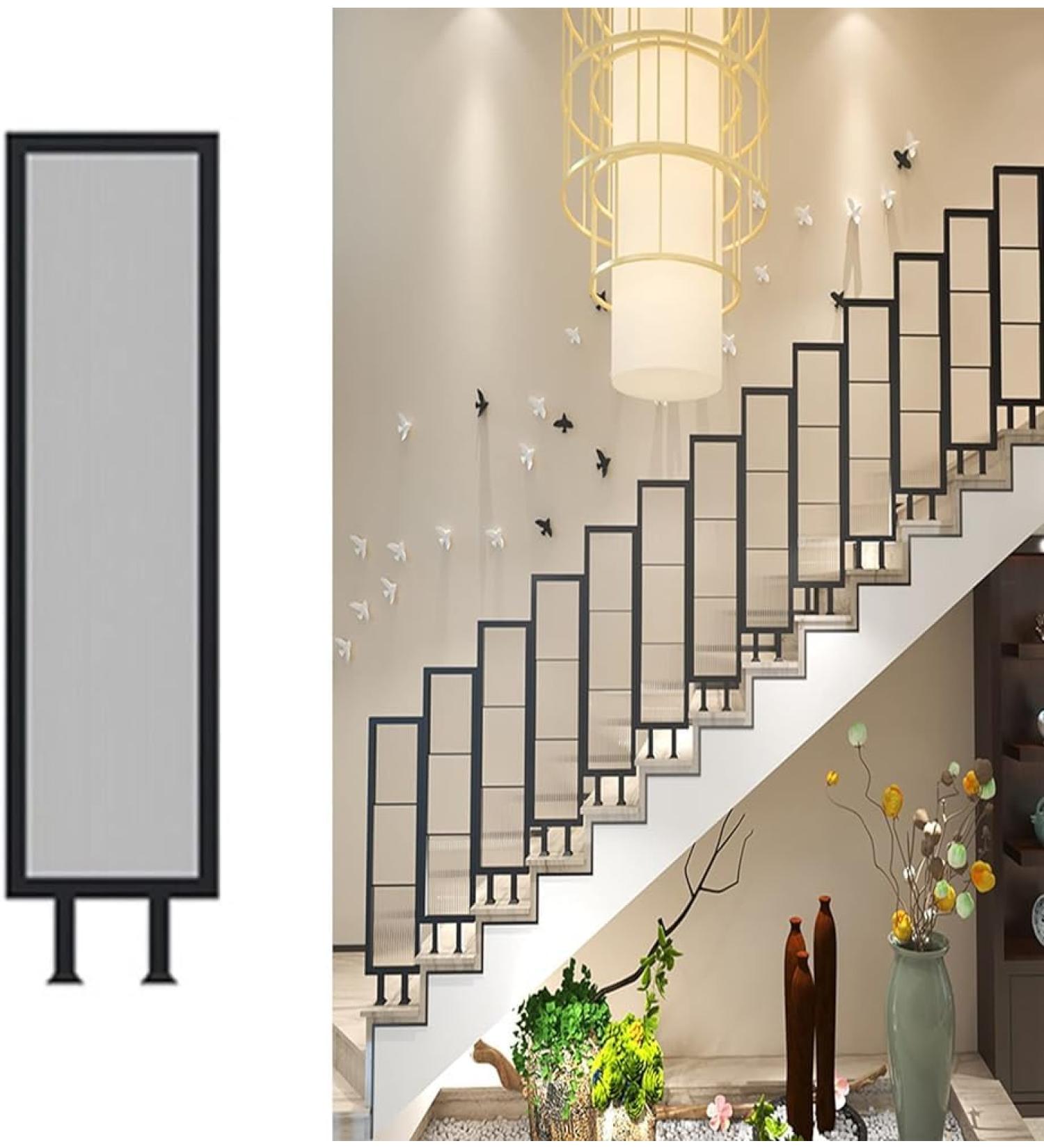 Metal Stair Handrail with Tempered Glass - Villa Wrought Iron Stair Railing Indoor Light Luxury Style Staircase Hand Rail Can Be Installed Independently Balcony Black 95cm/3.1ft - Buy Online on GoSupps.com