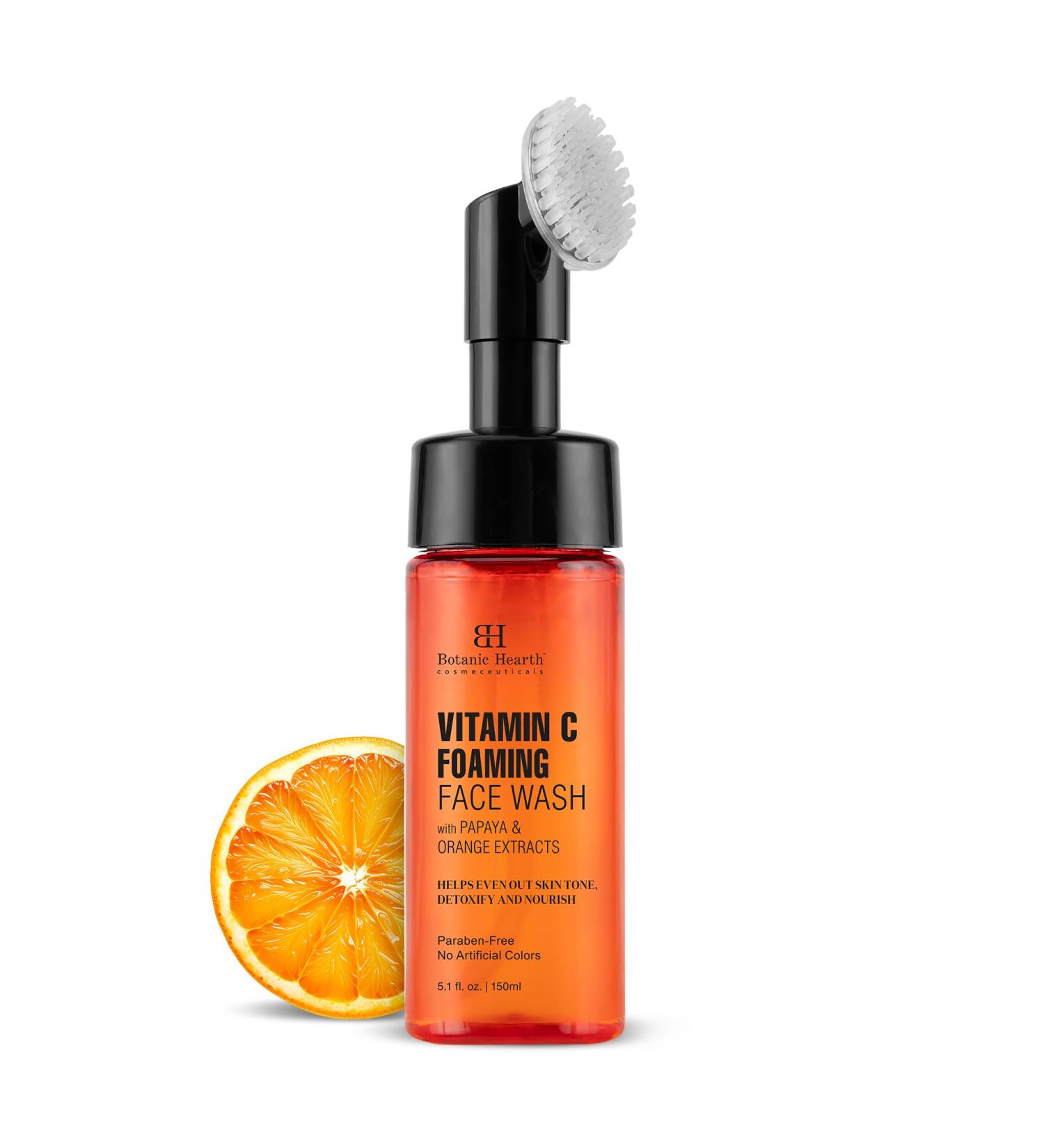 Botanic Hearth Vitamin C Foaming Face Wash with Papaya & Orange | Silicone Brush | Paraben & Sulphate Free | Glow Boosting Cleanser for All Skin Types | 5.1 fl oz - Buy Online on GoSupps.com