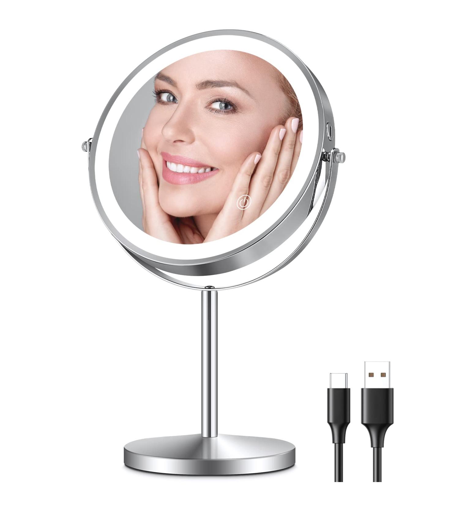 Rechargeable Double Sided Lighted Makeup Mirror with 10x Magnification | 360 Rotation, Touch Screen, 3 Colors, Adjustable Brightness | Cosmetic Mirror with Detachable Base - Buy Online on GoSupps.com