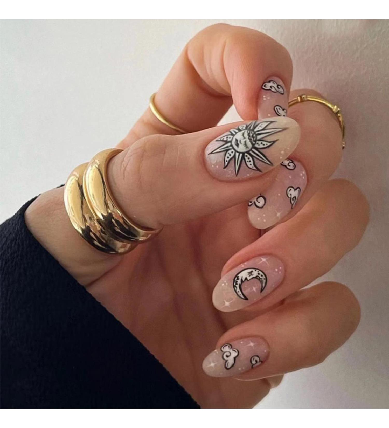 Justotry 24 Pcs Short Oval False Nails with Moon Pattern Pink French Press on Nails - Cartoon Galaxy Fake Nails with Nail Glue for Women's Nail Art - Buy Online on GoSupps.com