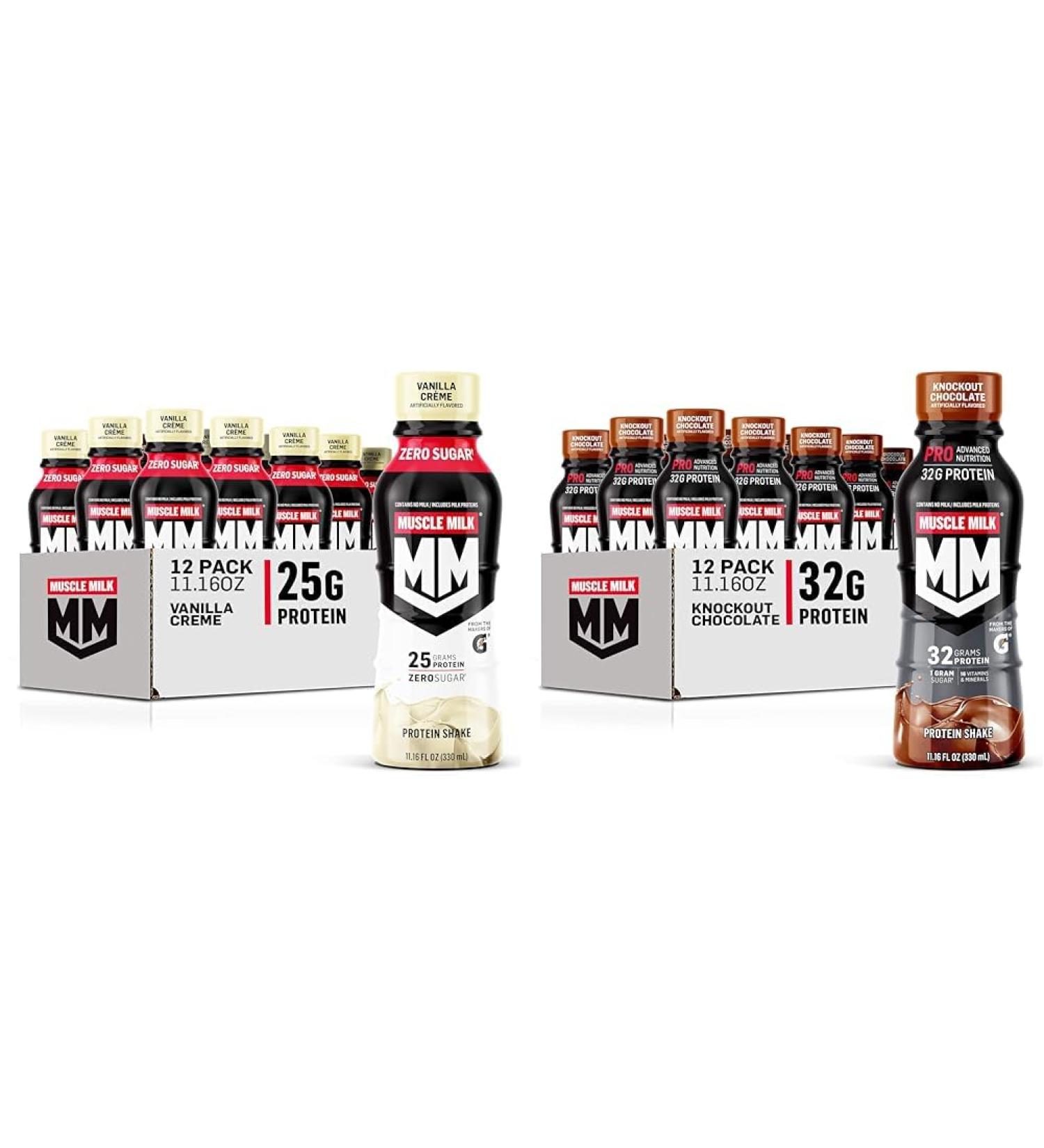 Muscle Milk Genuine Protein Shake Vanilla Creme 11.16 Fl Oz Bottle & Pro Advanced Nutrition Protein Shake Knockout Chocolate - Buy Online on GoSupps.com