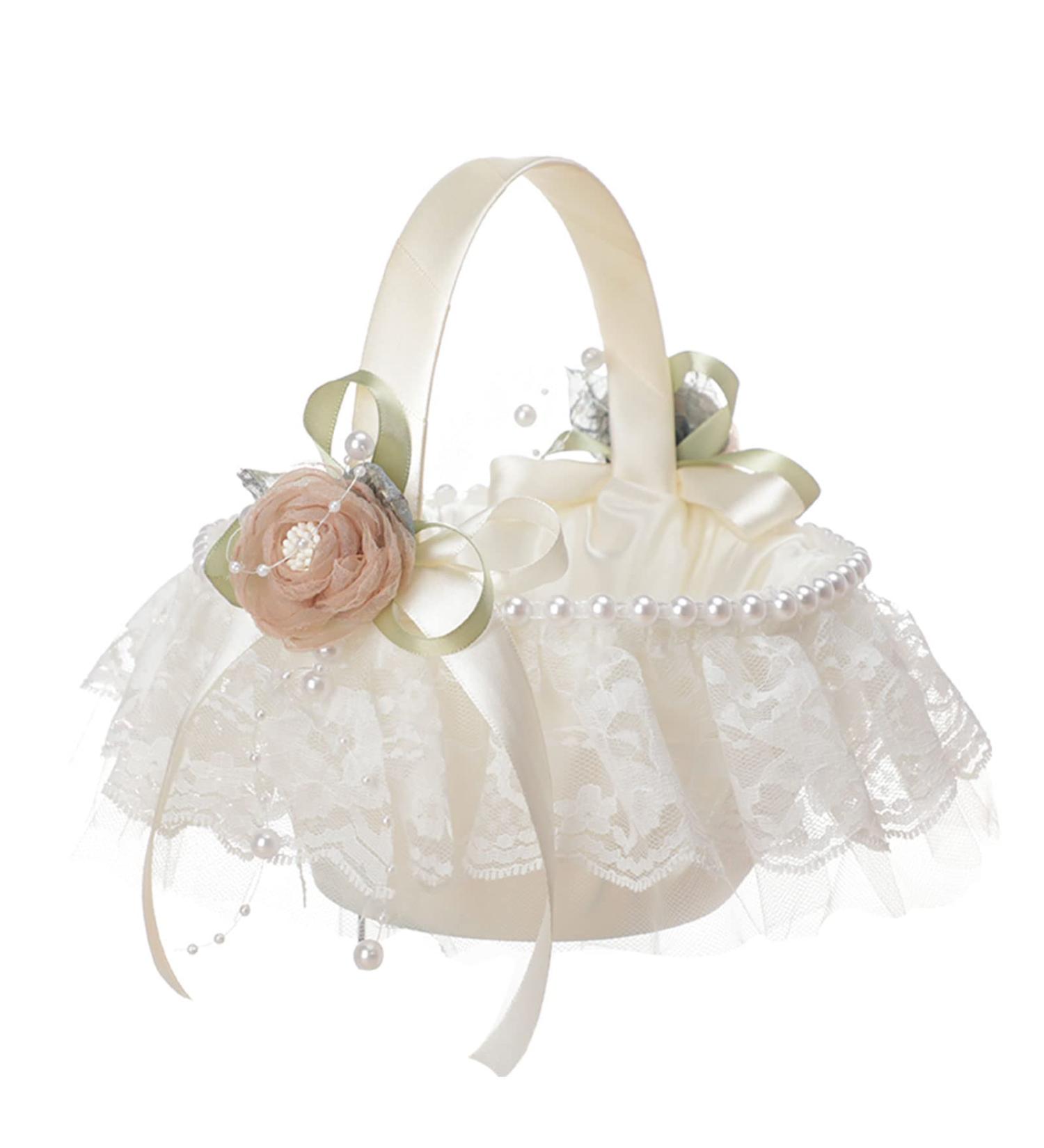 HANTURE Ivory Wedding Flower Girl Basket Decorated with Lace Pearls Romantic Wedding Flower Girl Baskets Petals Storage Basket Elegant Flower Girl Baskets for Weddings Ceremony 1PCS - Buy Online on GoSupps.com