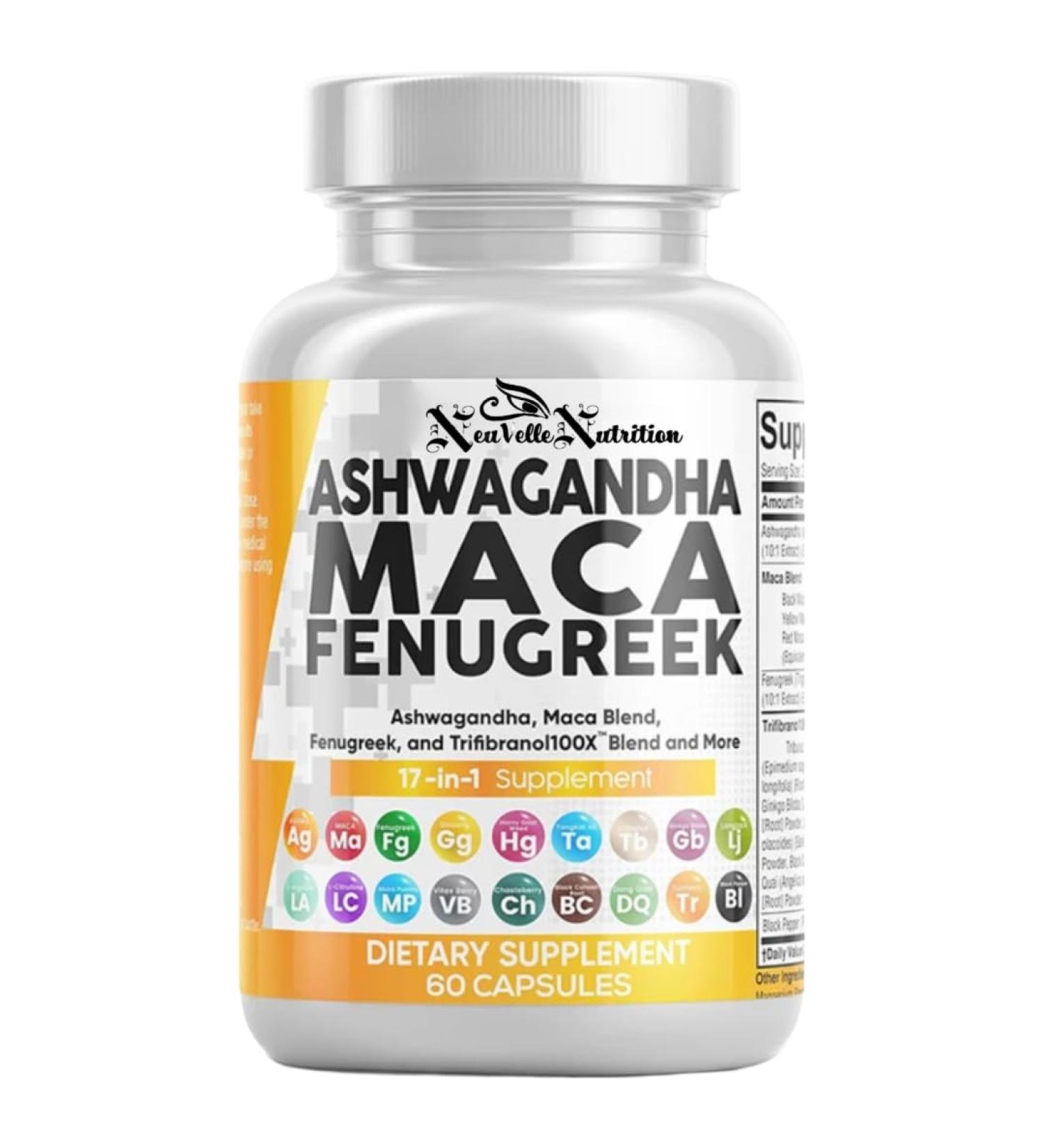 NeuVelleNutrition 17-in-1 Ashwagandha Maca Fenugreek Herbal Supplement | Adaptogenic Energy Vitality & Balance Blend | Tribulus Ginseng Tongkat Ali Ginkgo Grape Seed Black Pepper | 60 Capsules - Buy Online on GoSupps.com