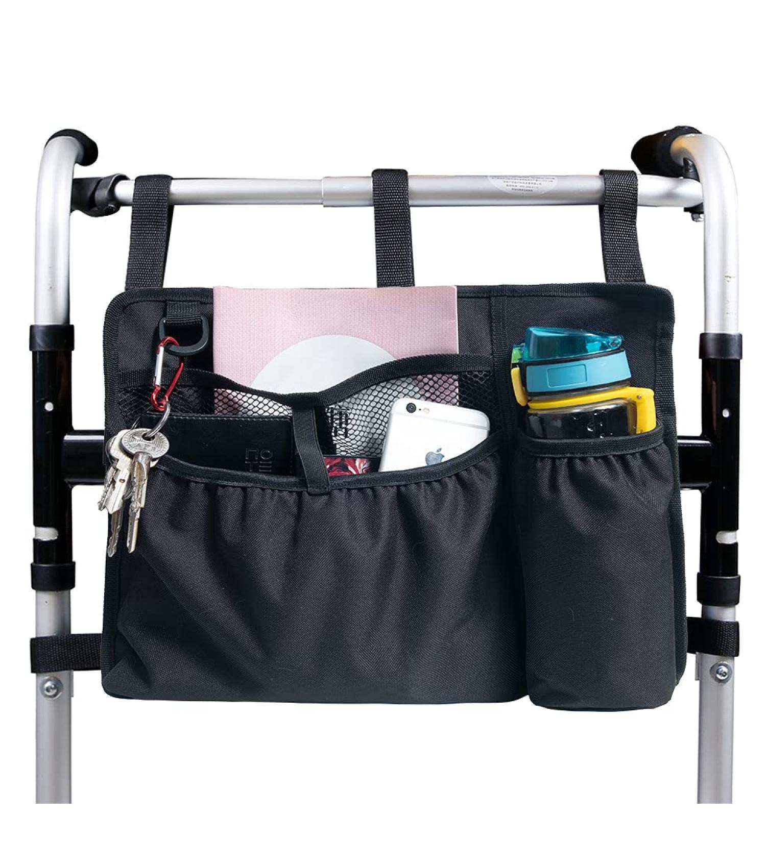 BVMAG Walker Bag Pouch Basket with Cup Holder - Water-Resistant Hand-Free Storage for Elderly, Seniors, Handicap, Disabled - Folding Rollator Accessories (Black) - Buy Online on GoSupps.com