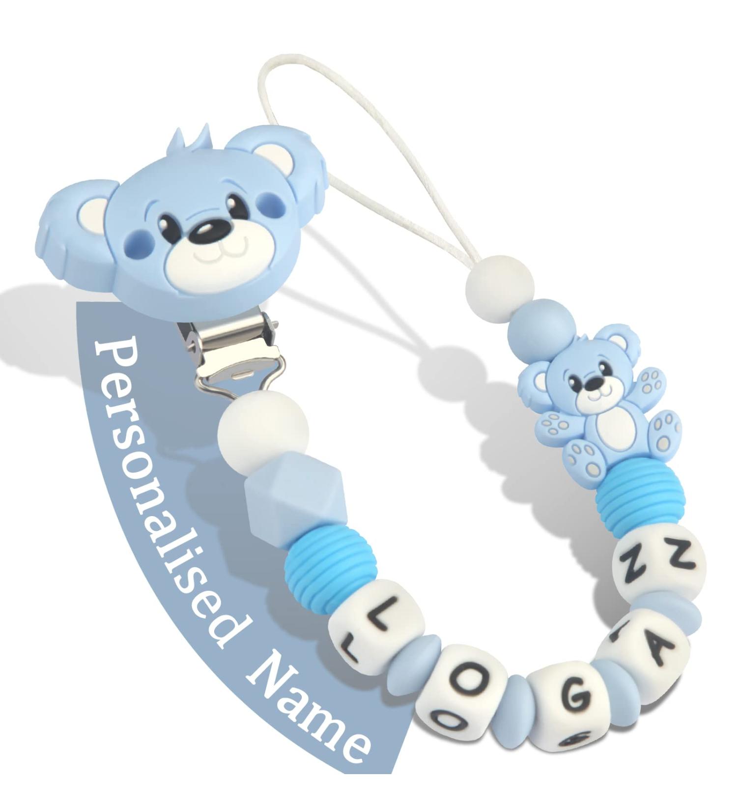 Yolnkos pacifier chain with name boys girls personalized pacifier clip teddy bear (light blue) A: light blue