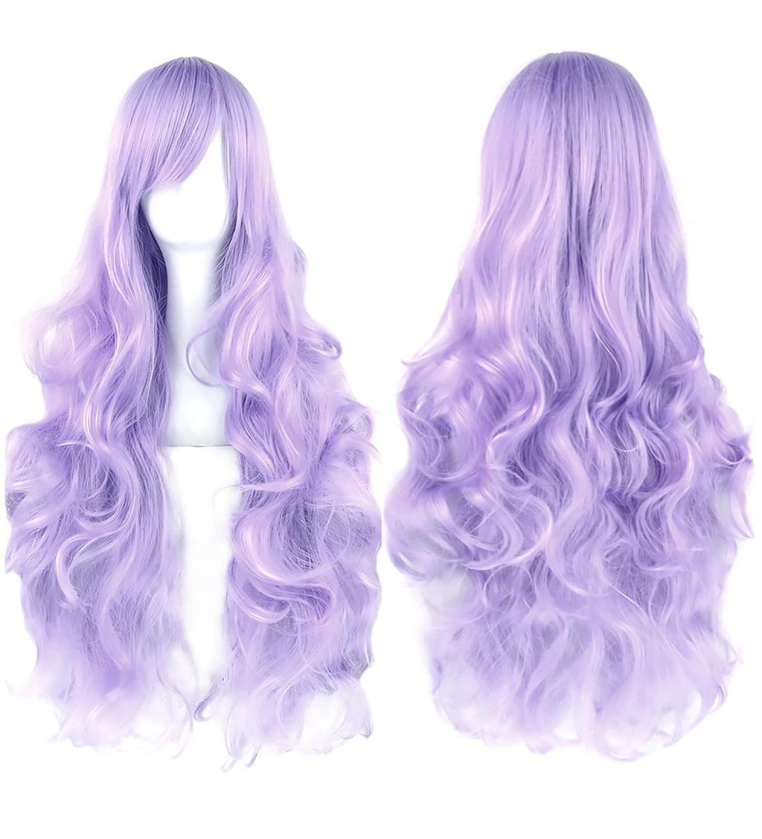 YEESHEDO 32 Long Wavy Curly Cosplay Wig with Bangs - Light Purple Synthetic Hair for Women & Girls - Heat Resistant Costume Wig for Anime Halloween Party - Buy Online on GoSupps.com