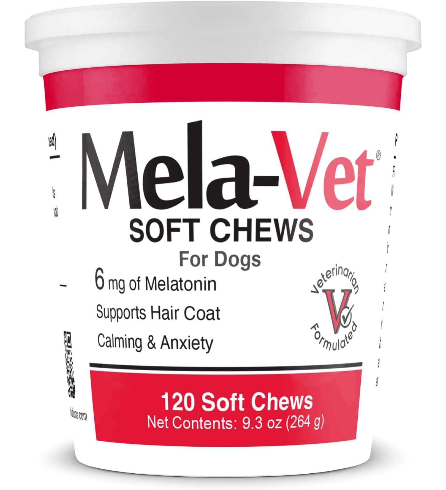 Mela-Vet Melatonin Calming Soft Chews for Dogs - Vet-Formulated Anxiety Relief & Skin Health - 120 Tasty Chews - Buy Online on GoSupps.com