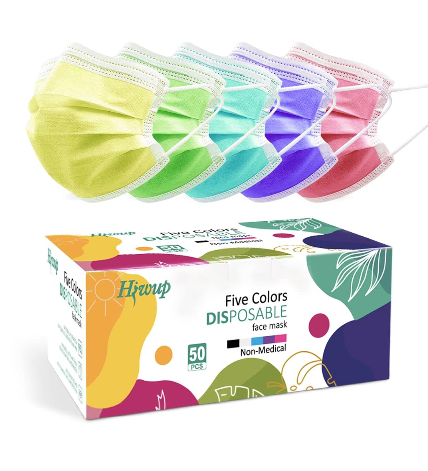 HIWUP 50-Pack Multicolor Disposable Face Masks for Adults & Teens - 3 Layer Protection - Buy Online on GoSupps.com