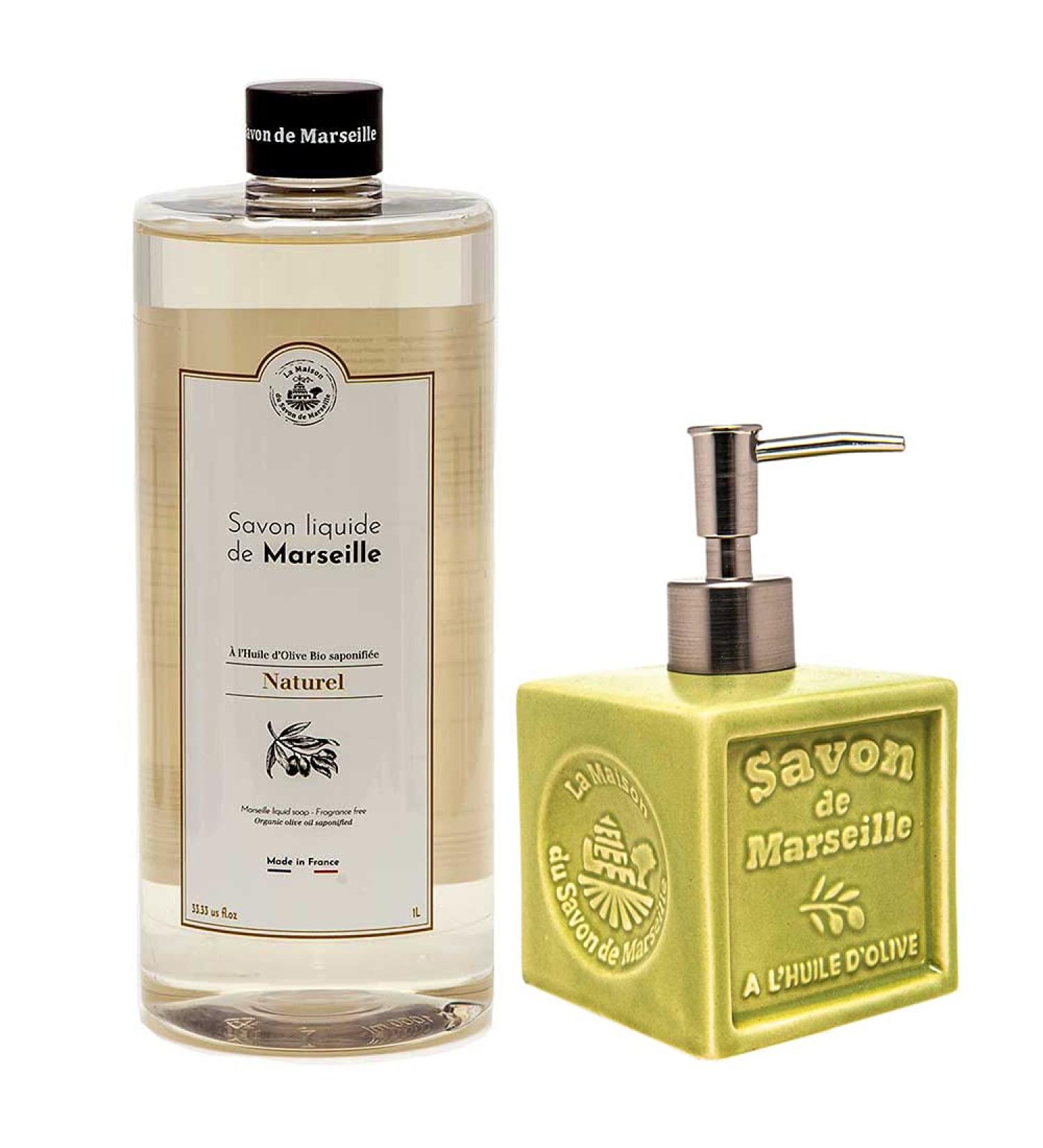 Maison Du Savon De Marseille Natural liquid soap with green ceramic soap dispenser 1 liter refill and 300 milliliters dispenser - Buy Online on GoSupps.com