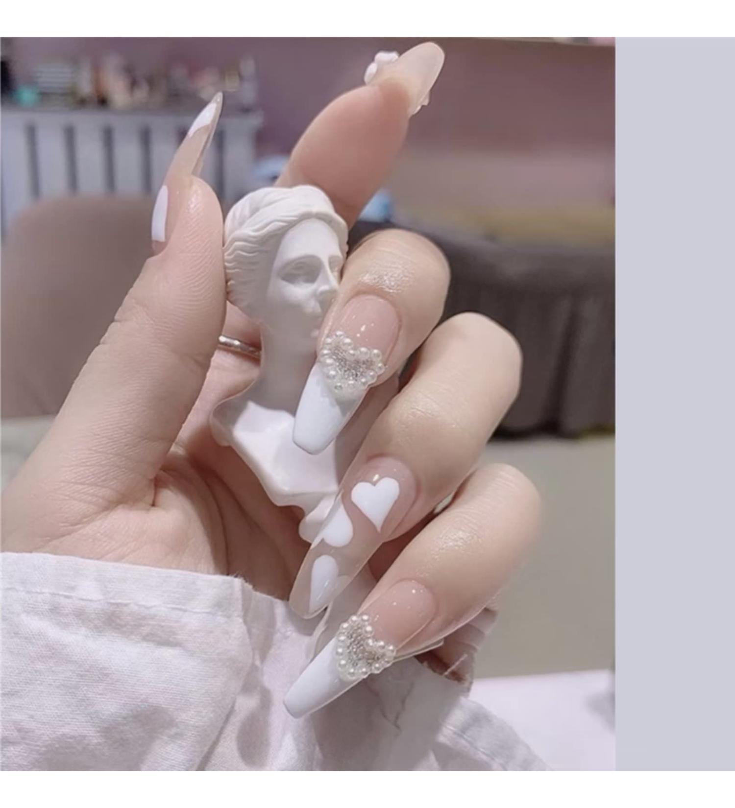 White French Tip Press On Nails with Pearl Heart Design - 24Pcs Acrylic Nude Nail Press On for Women and Girls - Buy Online on GoSupps.com