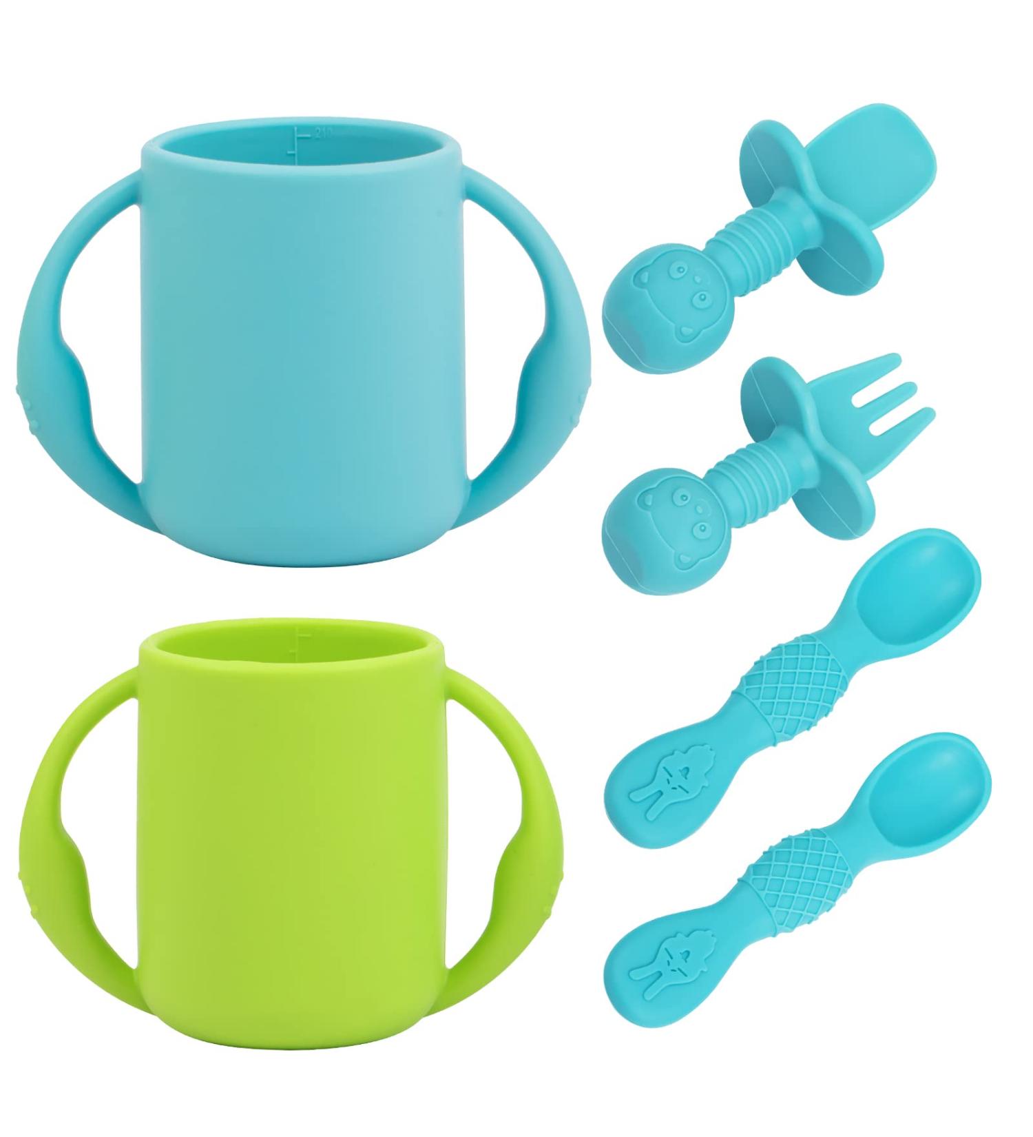 Hepotk Baby Cups & Spoons - Silicone Training Set for Toddler & Infants - Baby Led Weaning Utensils - Food Grade Silicone - Dishwasher Safe (Blue & Green) - Buy Online on GoSupps.com