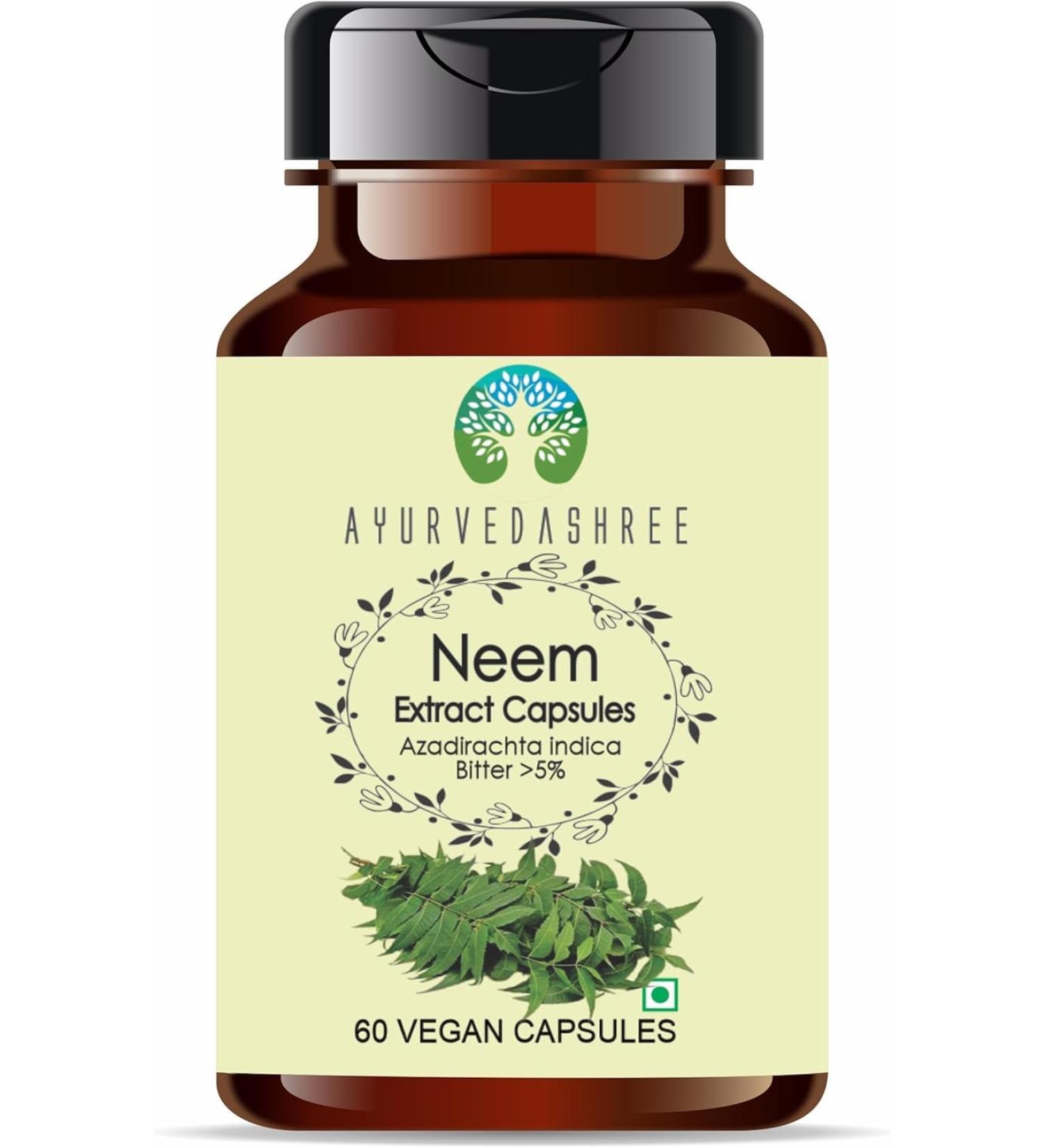 Neem Extract 500mg - 60 Vegetarian Capsules | Azadirachta Indica | All Natural | 100% Vegan | Gluten-Free. Neem 60 Count (Pack of 1)