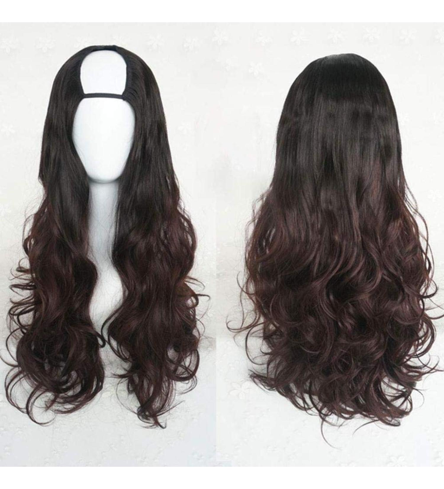 Harajuku Fashion Long Wavy Curly U Shaped Wig - 28 Heat Resistant Synthetic Hair with Gradient Dark Roots for Girls - Buy Online on GoSupps.com