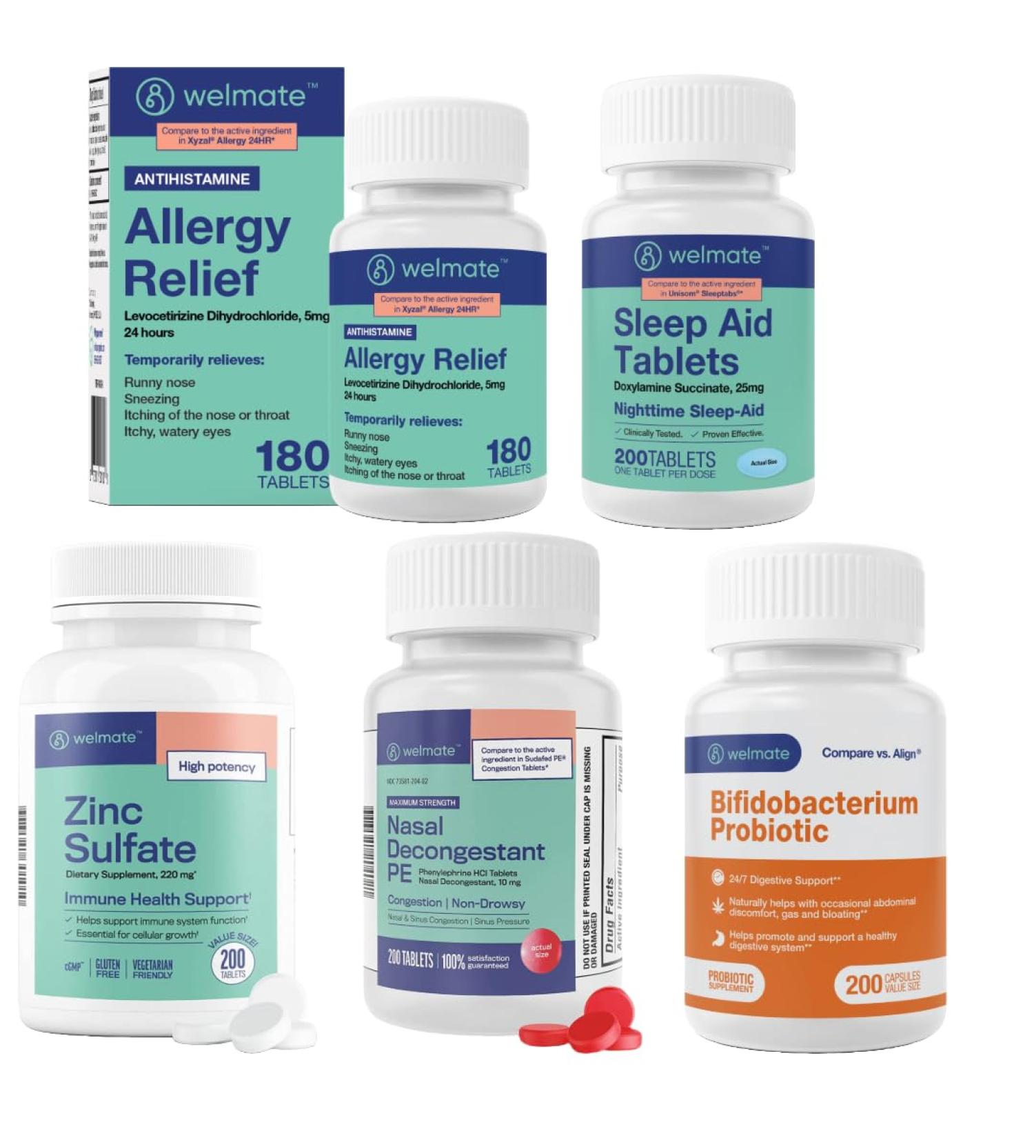 WELMATE Complete Allergy & Wellness Kit: Generic Xyzal Levocetirizine 5mg (24hr Support) Phenylephrine HCl Nasal Decongestant Doxylamine Sleep Aid Bifidobacterium Probiotic & Zinc Sulfate - Buy Online on GoSupps.com