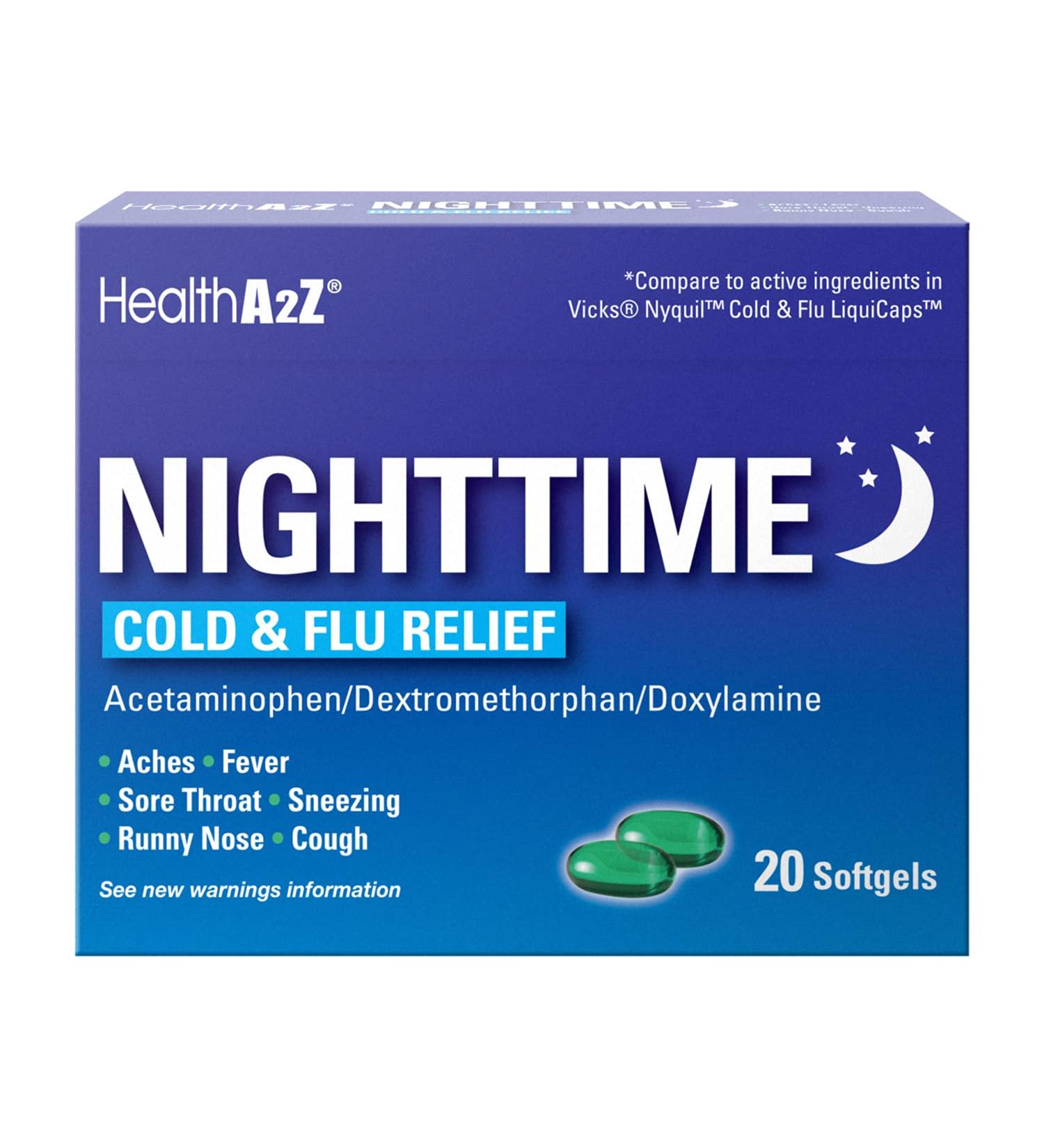 HealthA2Z Nighttime Cold & Flu Relief Softgels - 20 Count | Compare to Vicks Nyquil Liqui Caps - Buy Online on GoSupps.com