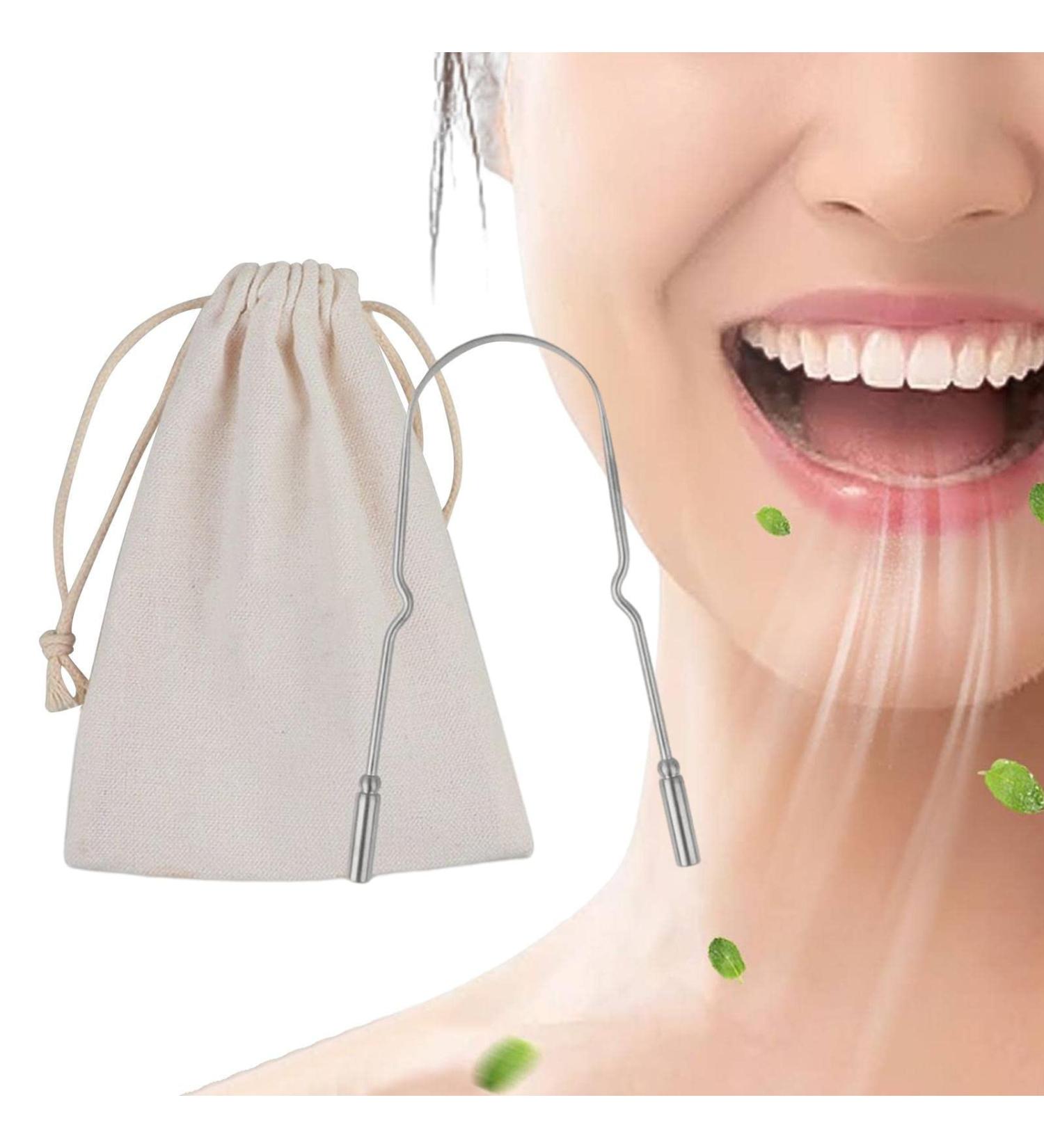Voihamy Stainless Steel Tongue Scraper - U-Shaped Ergonomic Cleaner for Bad Breath & Oral Hygiene - Includes Silver Travel Bag - Buy Online on GoSupps.com