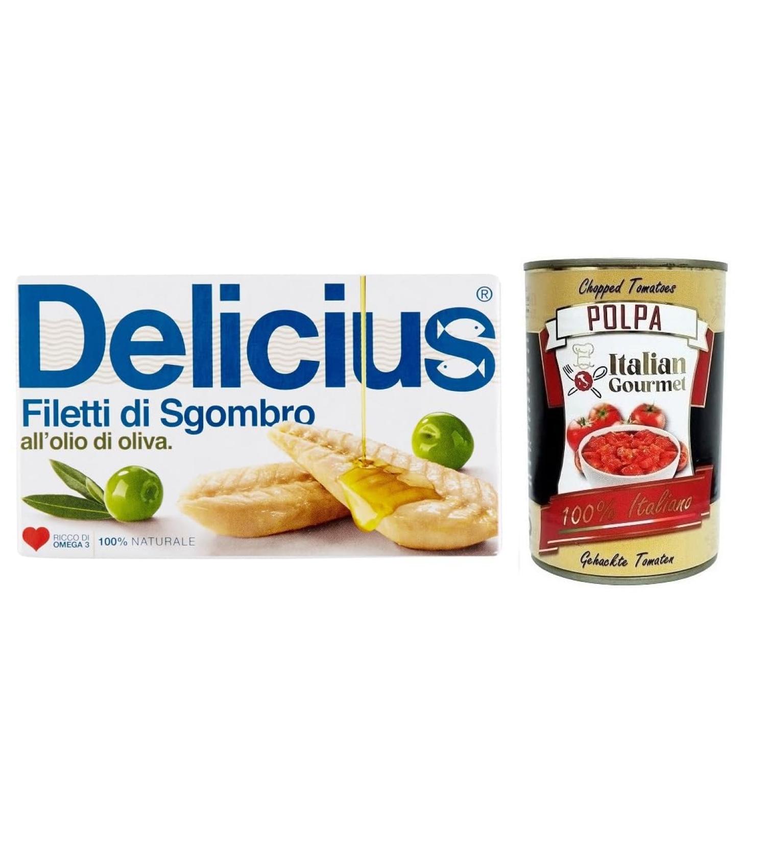  Italian Gourmet E.R. Delicius Filetti di Sgombro all'Olio di Olio di Oliva Pack of 25 mackerel fillets in olive oil rich in omega 3 high quality blue fish 125 g + Italian Gourmet Polpa di Pomodoro box - Buy Online on GoSupps.com
