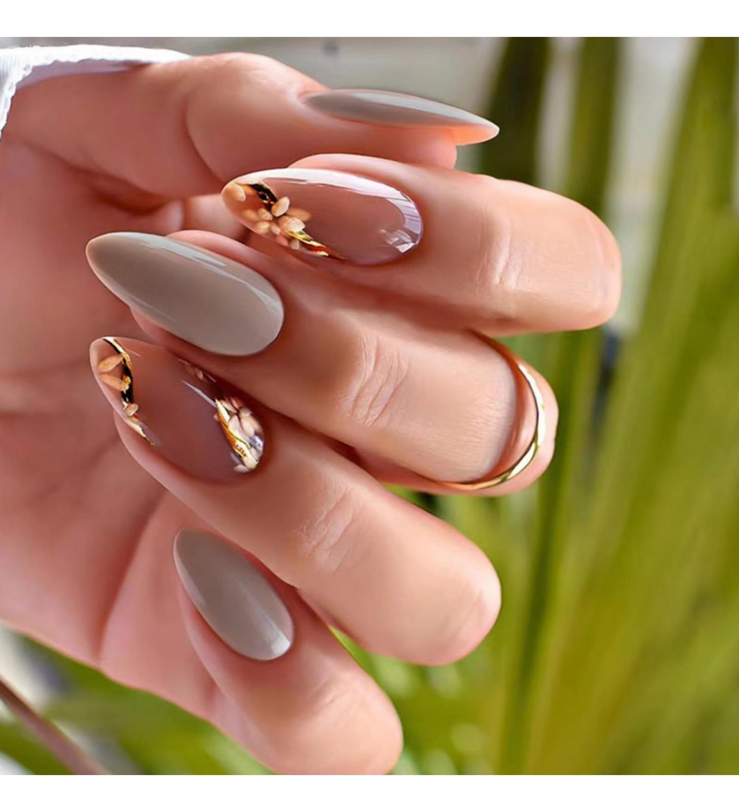 Justotry 24 Pcs Floral Stiletto False Nails - Medium Grey French Press on Nails with Trendy Gold Swirl Pattern | Short Almond Fake Nails for Women with Nail Glue - Nail Art Flower & Grey - Buy Online on GoSupps.com