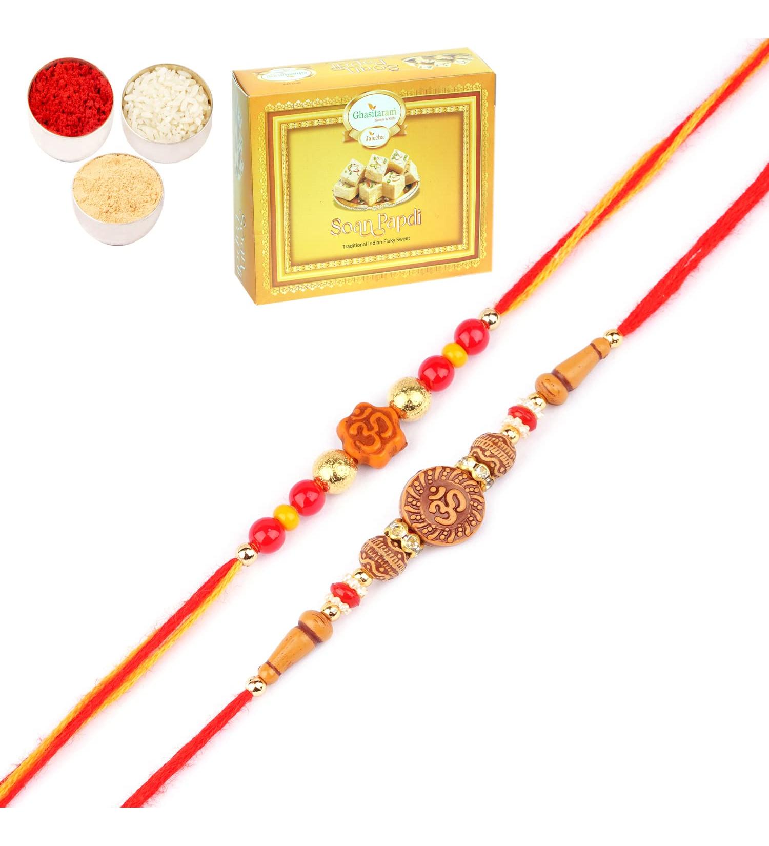 Ghasitaram Gifts Rakhi for Brother Rakhis Online - Set of 2-6074 and 6325 Om Rakhi Threads with 400 GMS of Soan Papdi - Buy Online on GoSupps.com